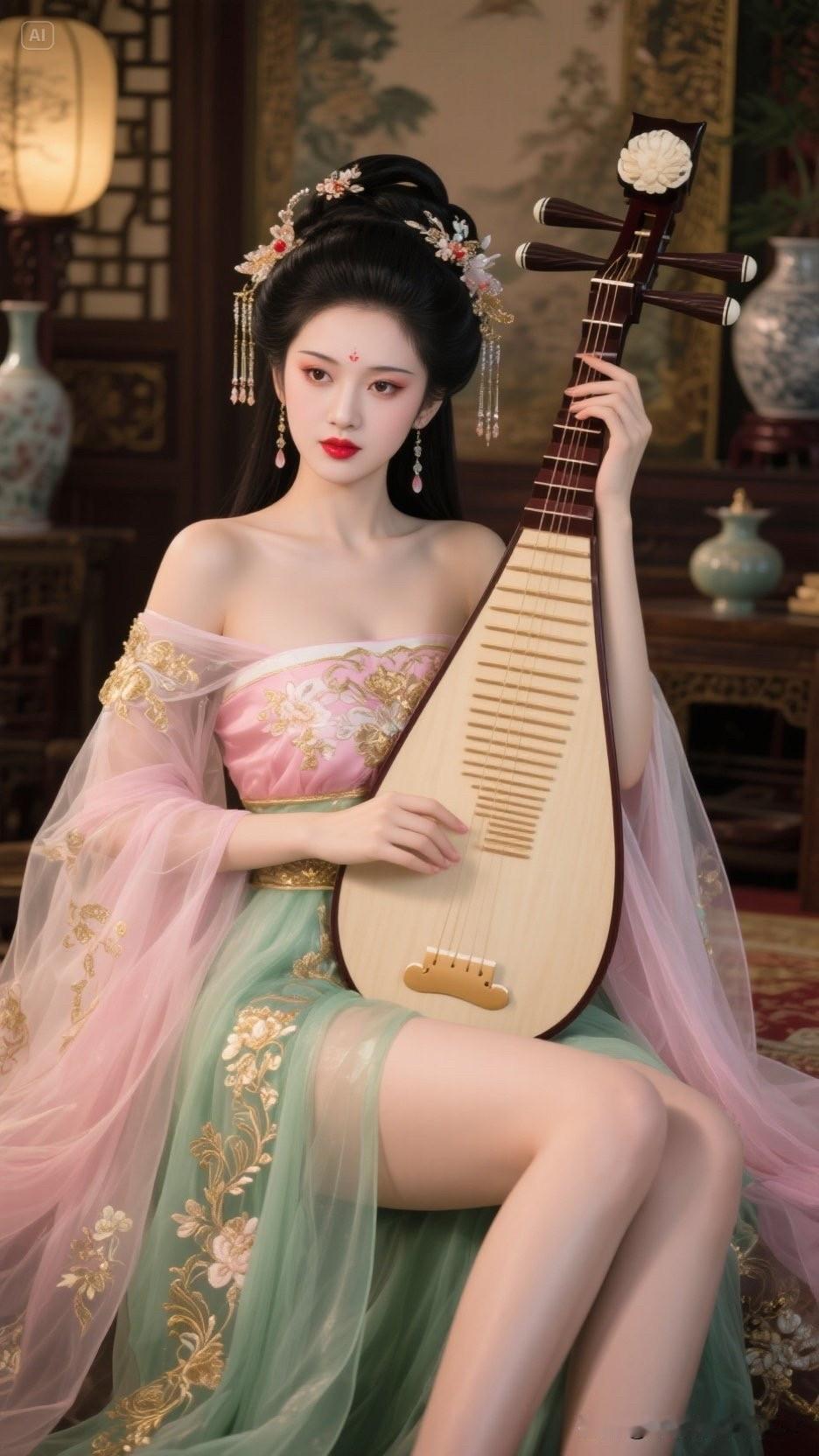 “玉笛飞声入画来，红妆美人坐琴台。”这两句诗描绘出一幅极美的画面。玉笛之声悠扬，