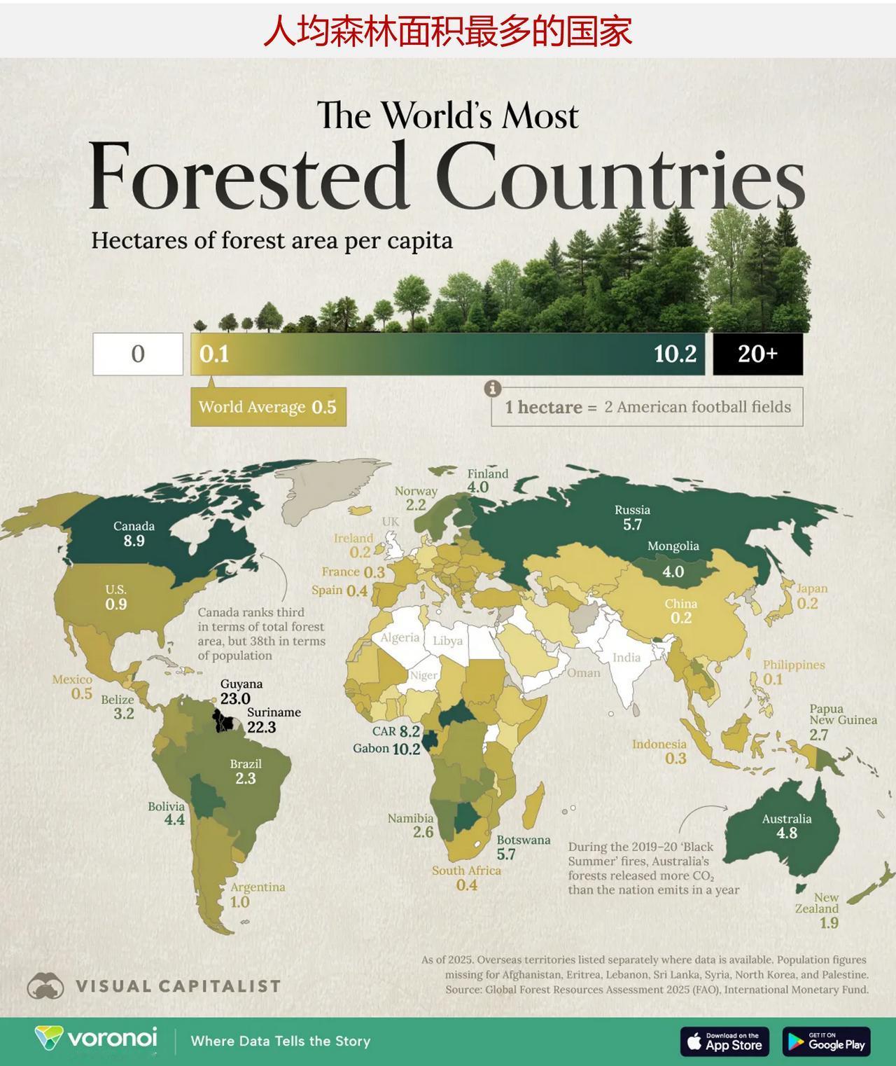 人均森林面积最多的国家是哪些？全球的森林分布并不均匀，像加拿大和俄罗斯这样的