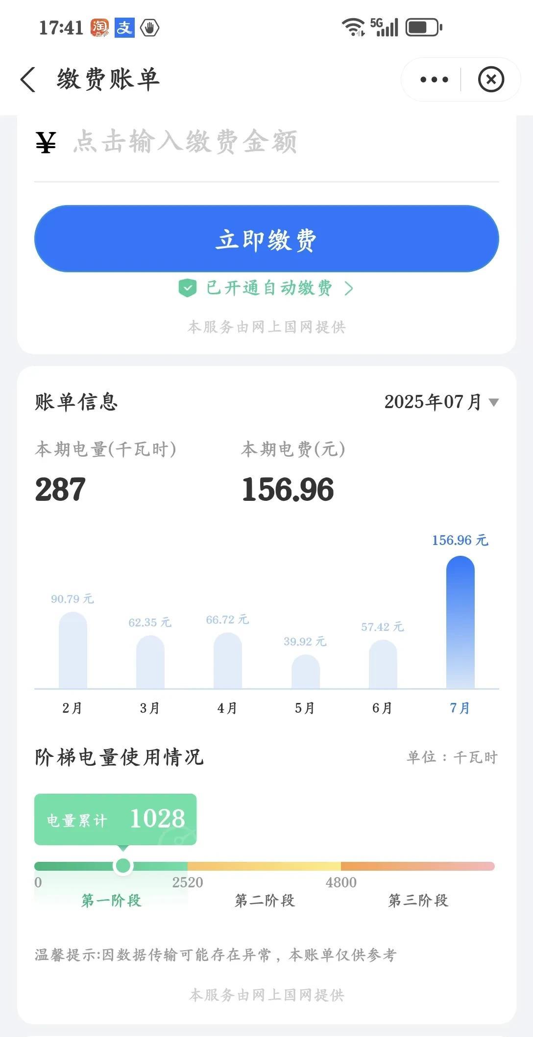 七月份，我家电费用了不到160块钱。第一阶段的电费用完了，还用了第二阶段