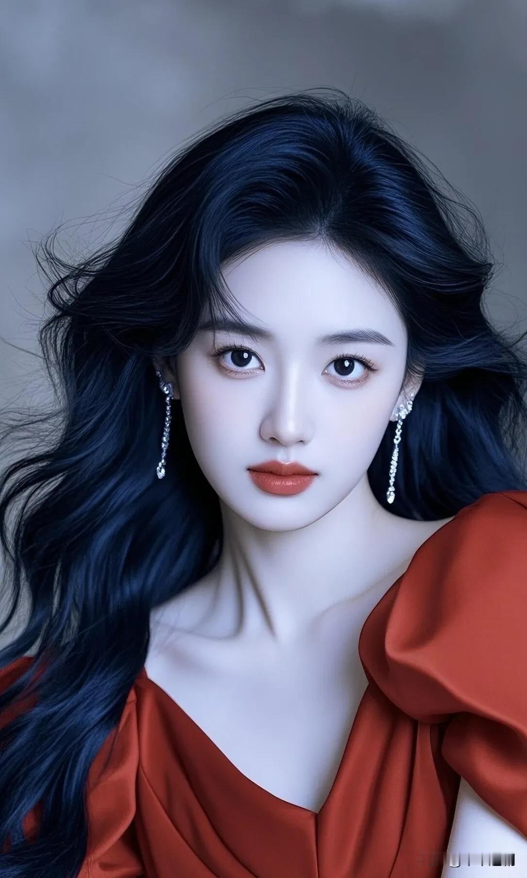 复古红缎面裙装衬着冷白皮，钻饰耳坠垂落肩颈，蓬松卷发揉碎了柔光，清冷眉眼间藏着明