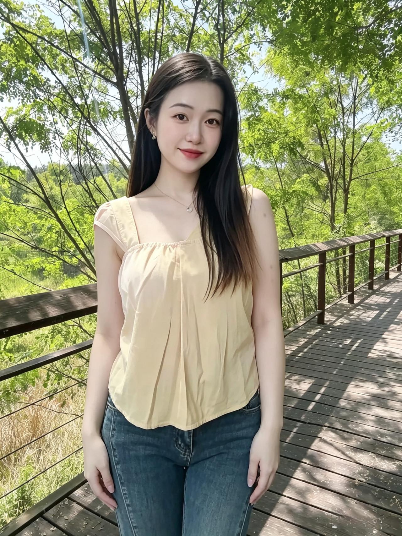 翠木阴浓映浅黄，轻衫素影立回廊。嫣然一笑春风软，不借胭脂自淡妆。