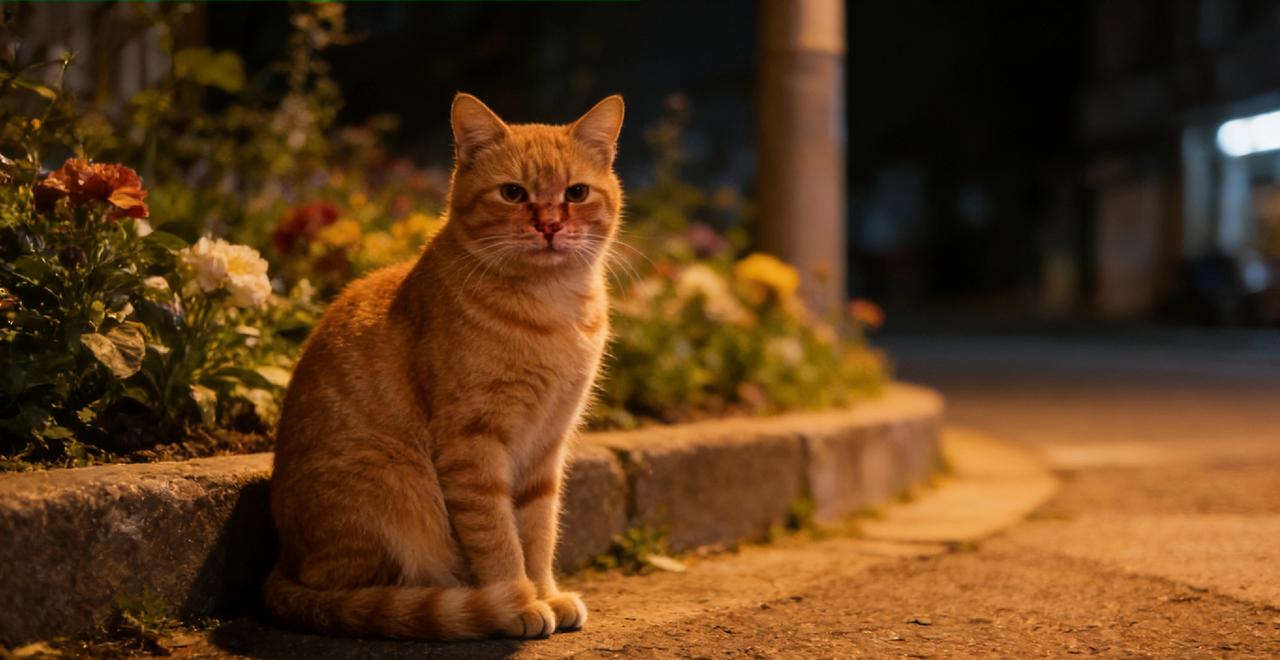 今早路过小区花坛，看见一只圆滚滚的橘猫蹲在阳光里，眯着眼睛认真舔爪子。我蹲下来看