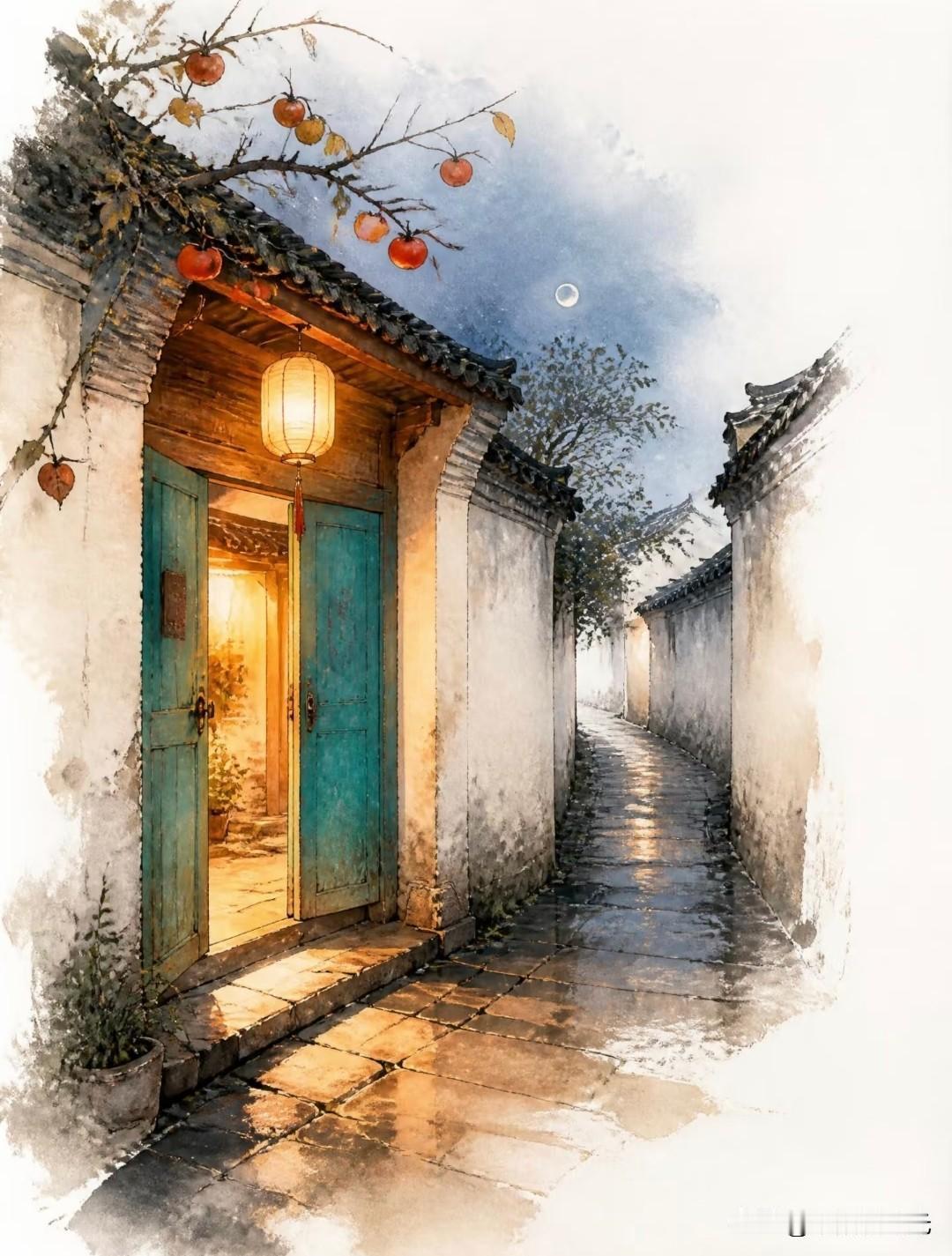 柿红灯暖江南巷，秋水轻舟载满人间温柔秋光哇饭江南秋晚插画分享江南初秋氛围感