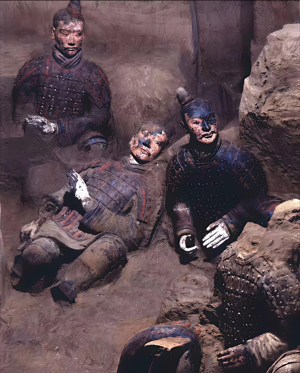 西安秦秦始皇兵马俑刚出土时的真实样子……另外，挖出来展示的只是小部分，大部分还
