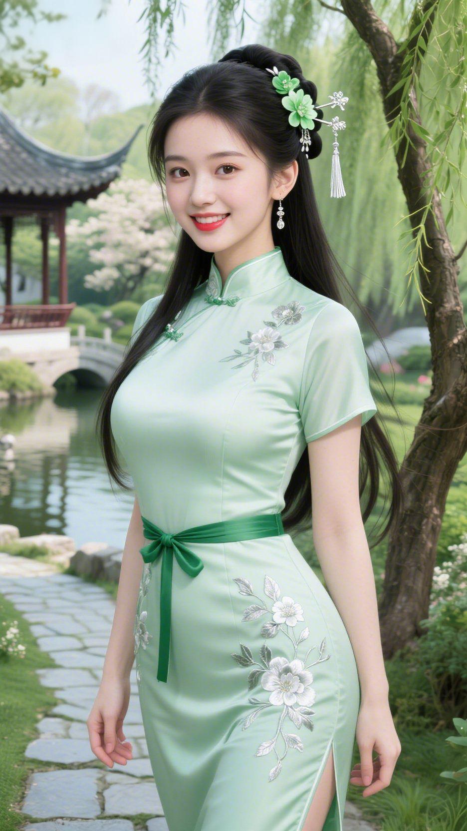 春园清景飞檐翘角古亭开，细柳垂丝拂碧池。石拱横波连曲岸，青阶叠翠覆苍苔。