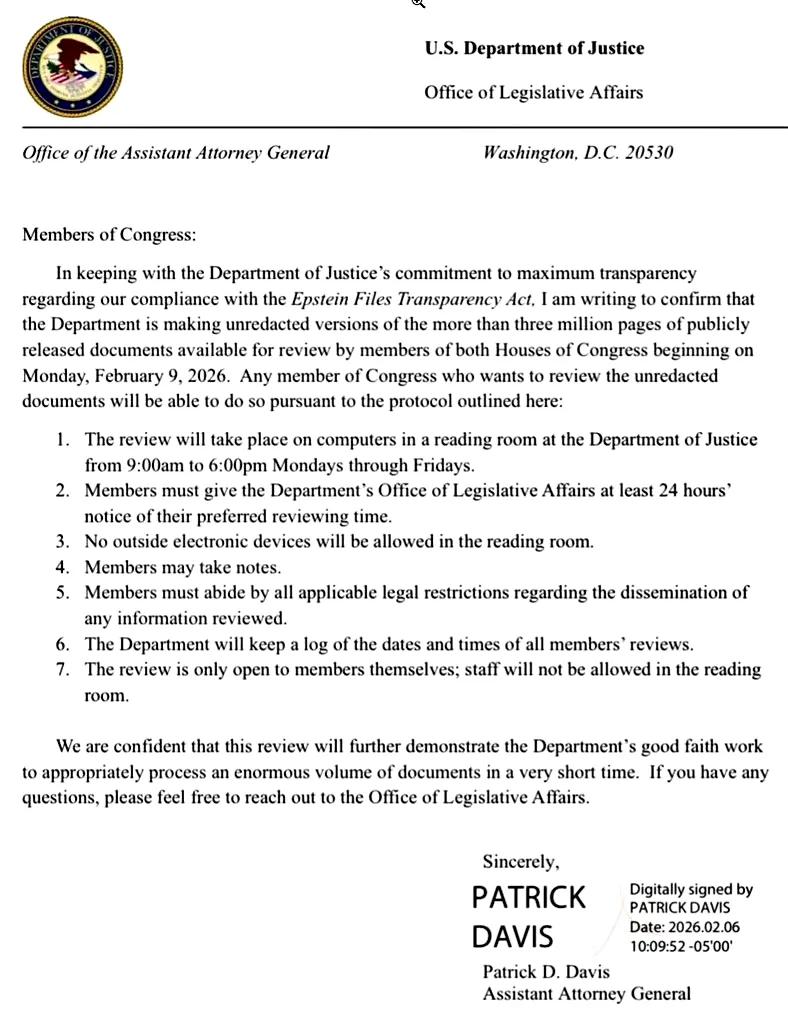 美国司法部发表声明称，从下周开始，美国国会议员可以在美国司法部电脑上查询已经公布