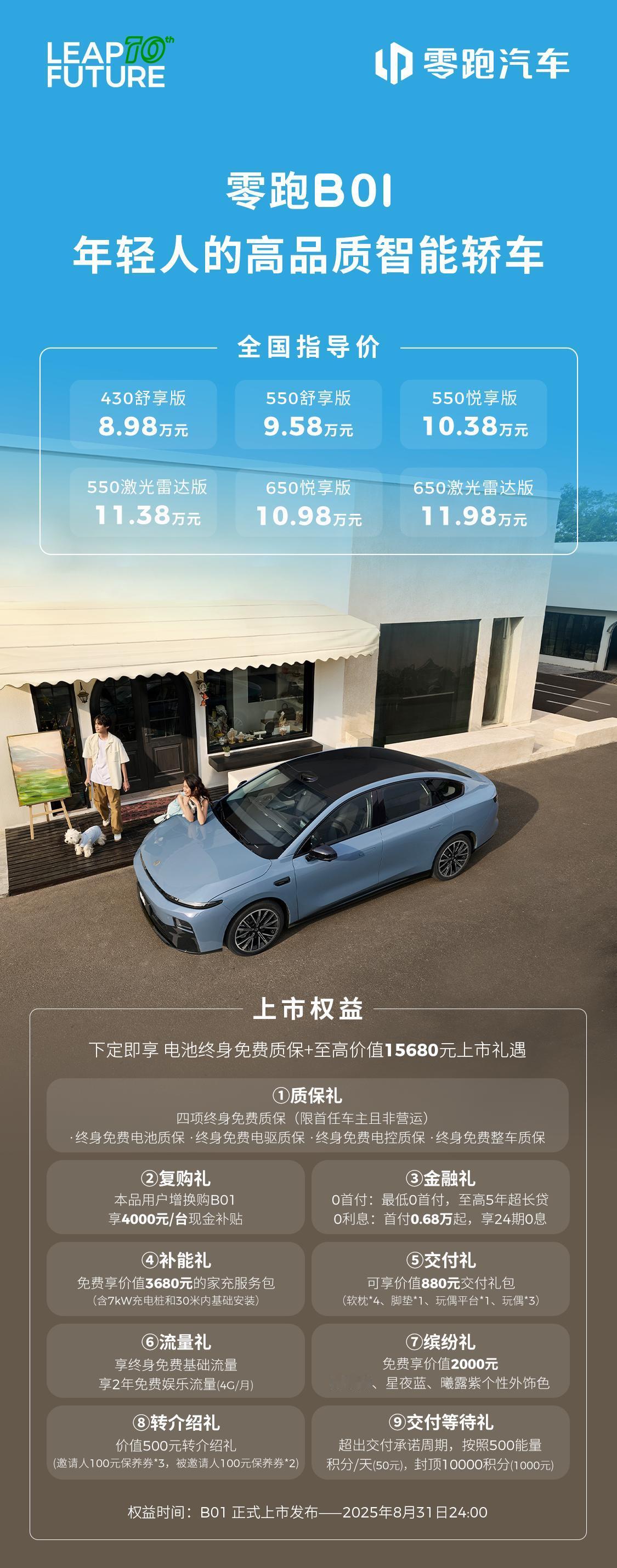 最高续航650km，零跑B01正式上市。 备受期待的零跑B01正式上市了，8