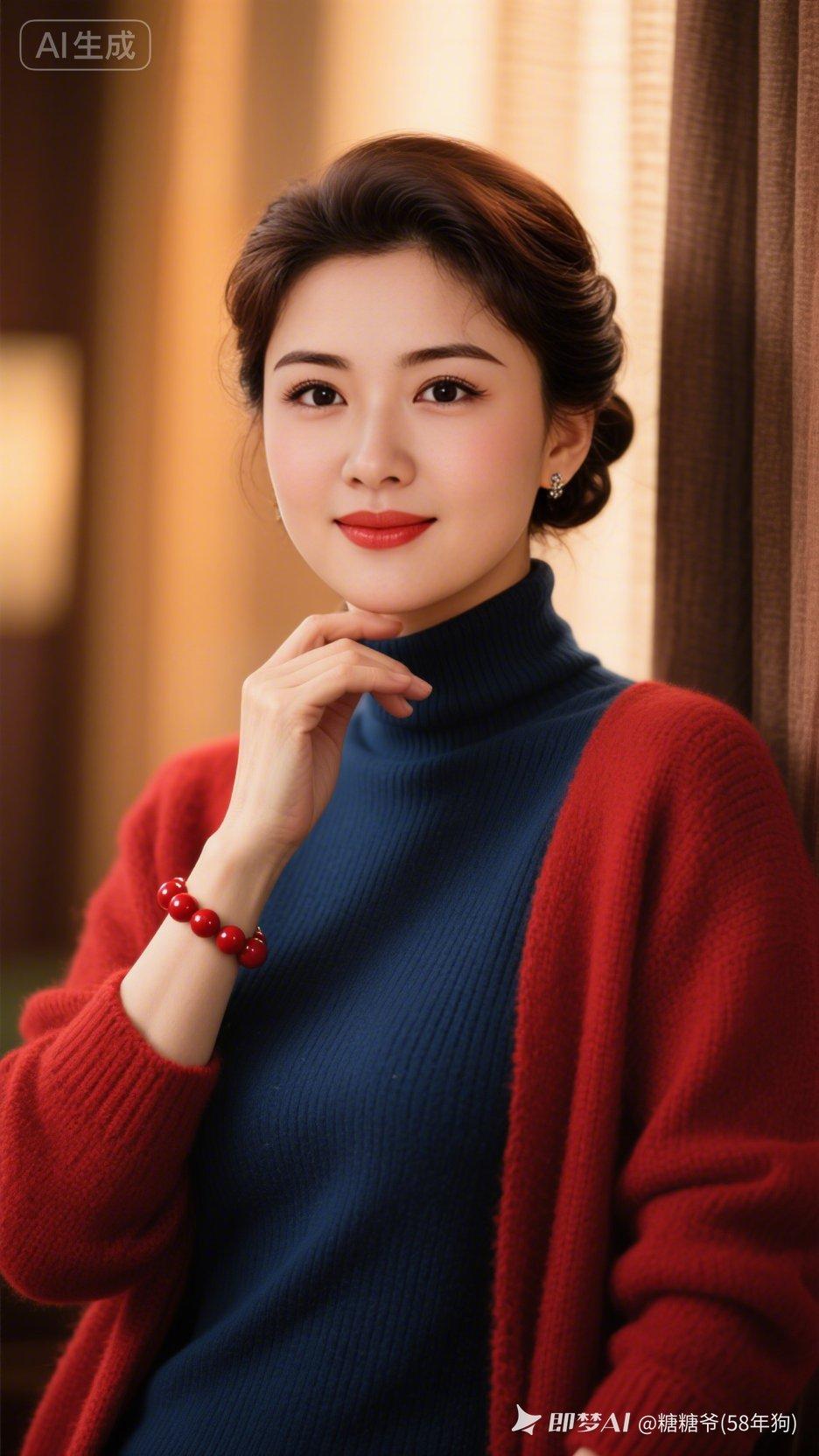 优雅红蓝撞色穿搭，温柔微笑，尽显女性魅力