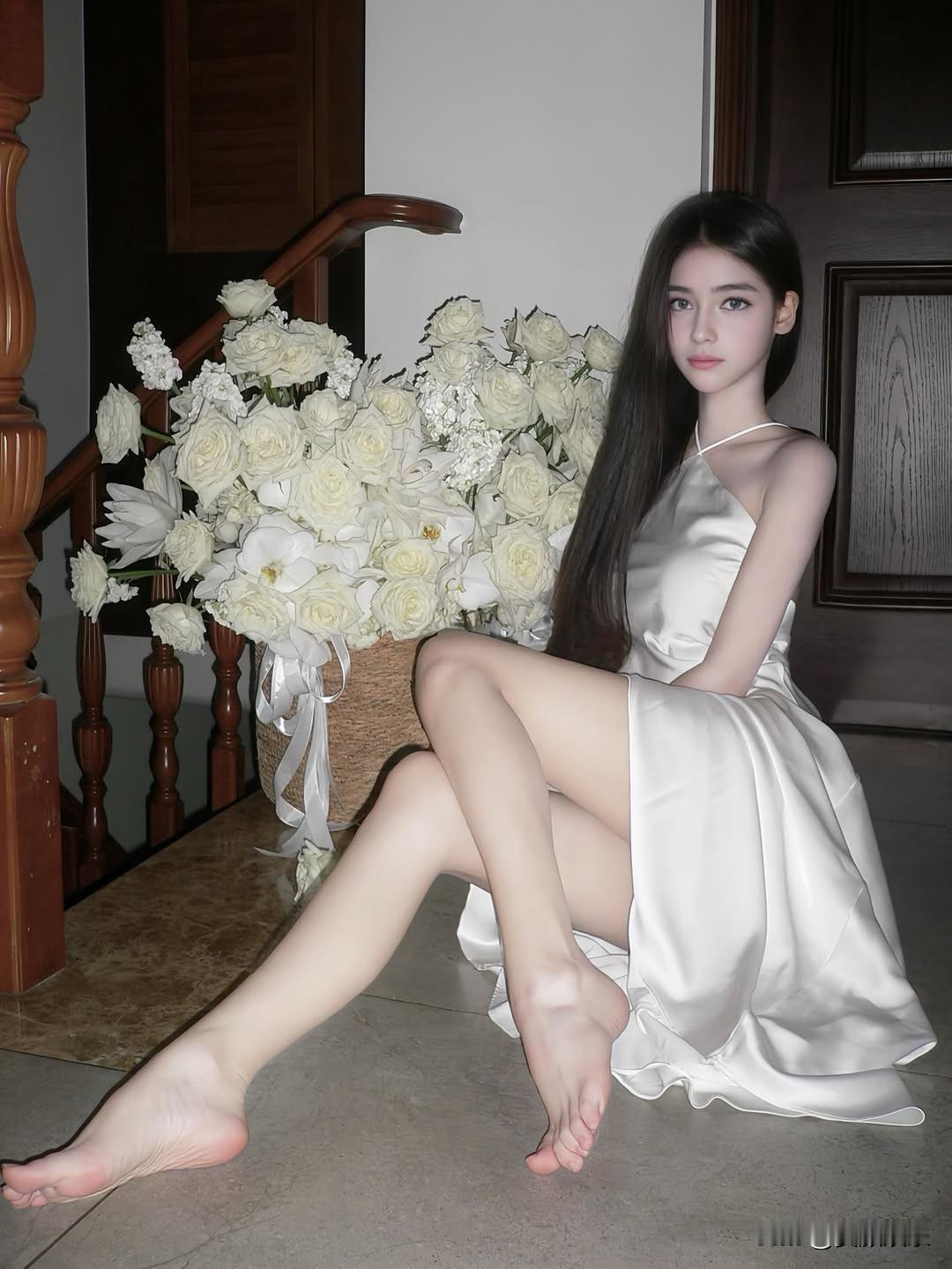 优雅白裙少女，静坐花丛间，美如画卷