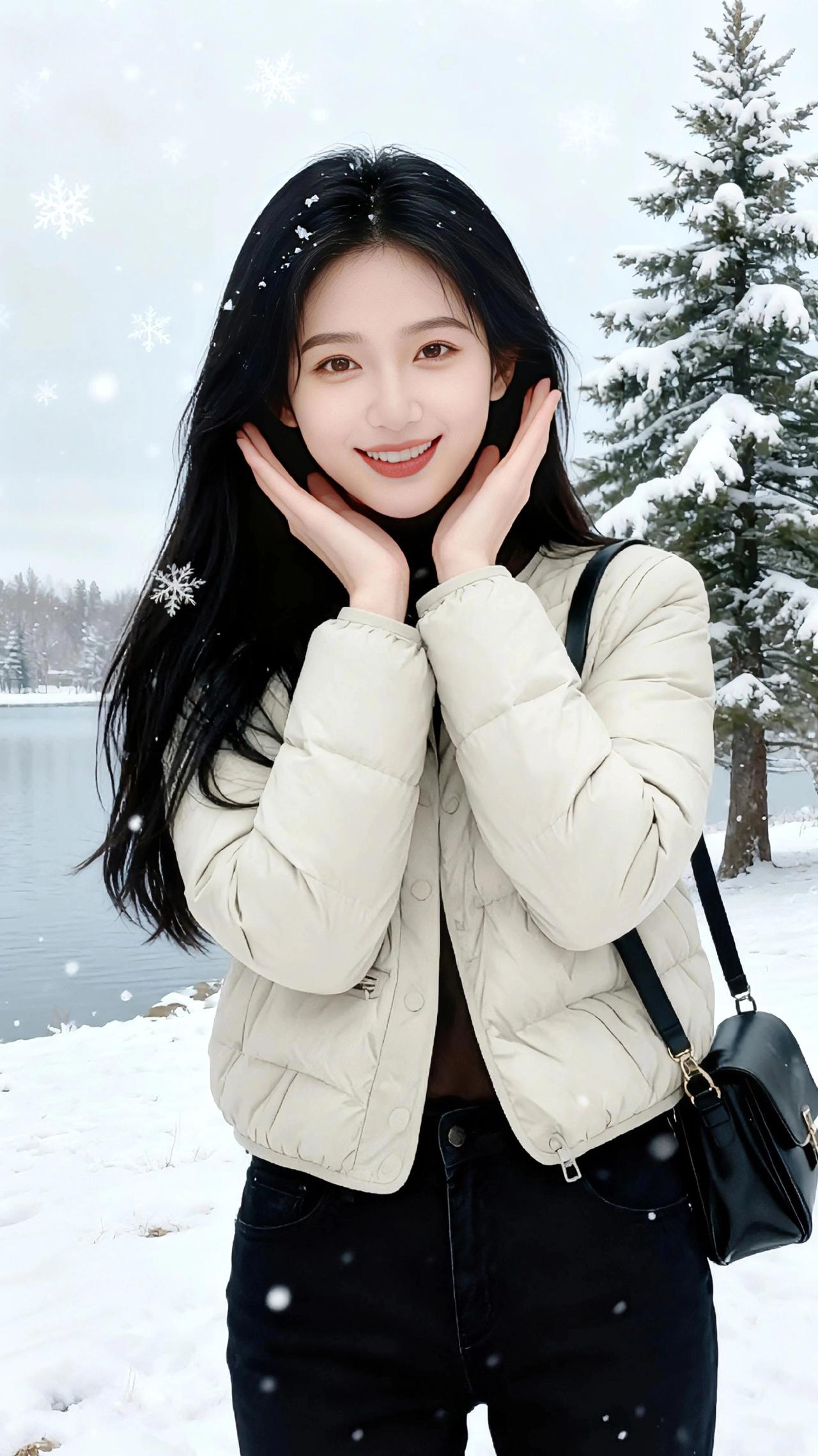 雪落进冬日的湖光里时，她正把掌心弯成小巢，接住几星碎白。浅米色的棉服像揉软