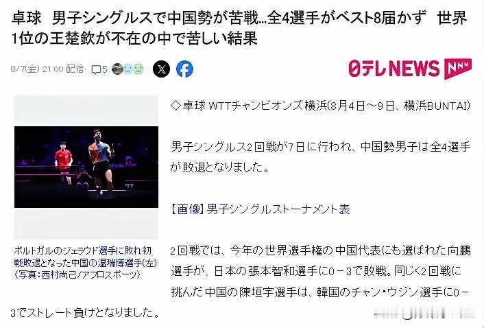果然！男乒4人全部出局，日媒杀人诛心报道:没有王楚钦的中国队只能苦苦支撑！桌