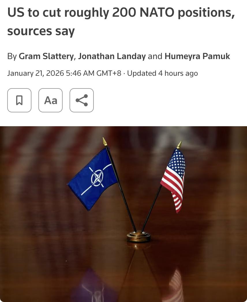 外媒：美国计划削减约200个驻北约指挥中心的岗位，这一决定已通知部分欧洲国家。受