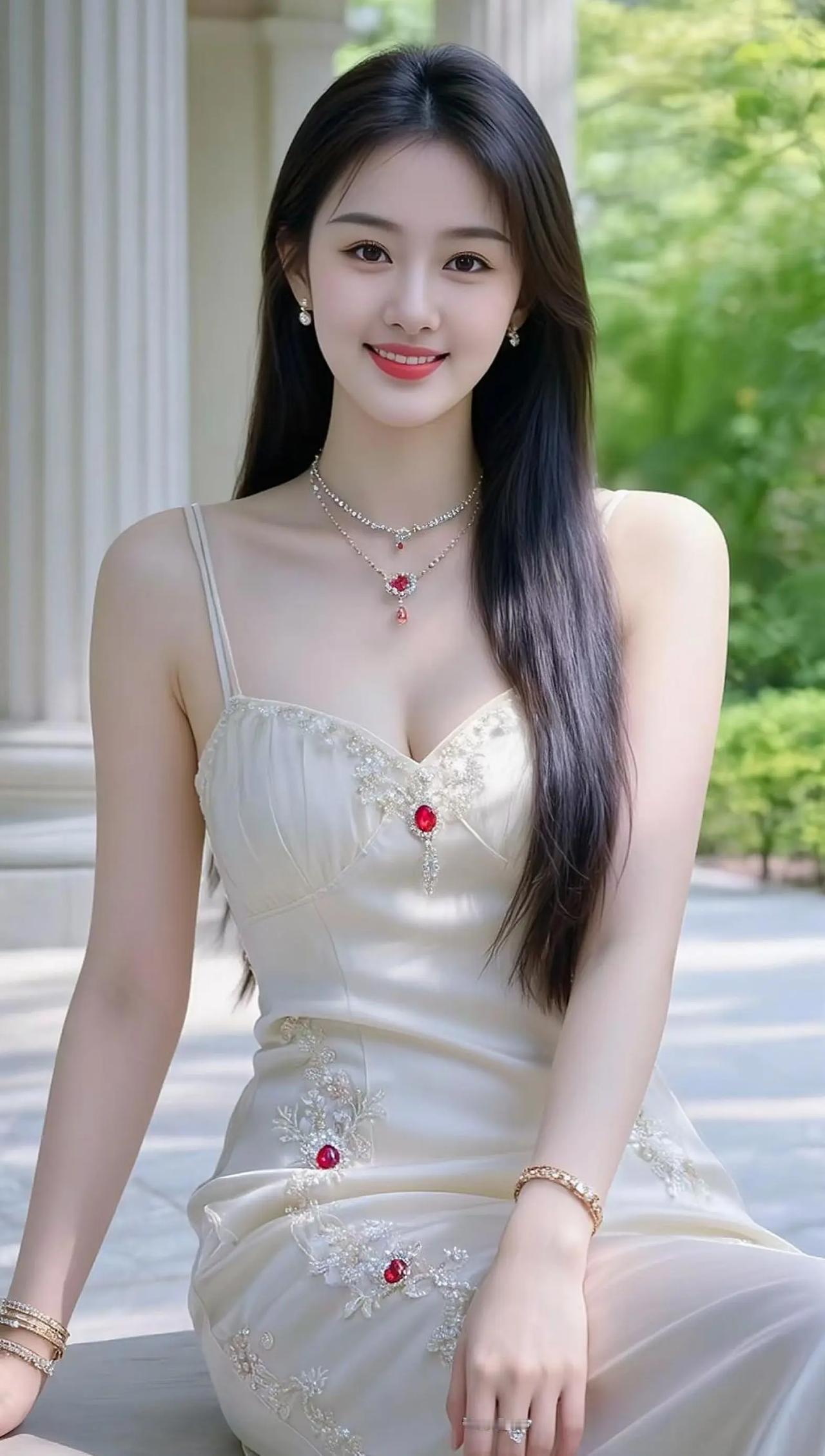 优雅白裙，闪耀红宝石，阳光下的美丽少女