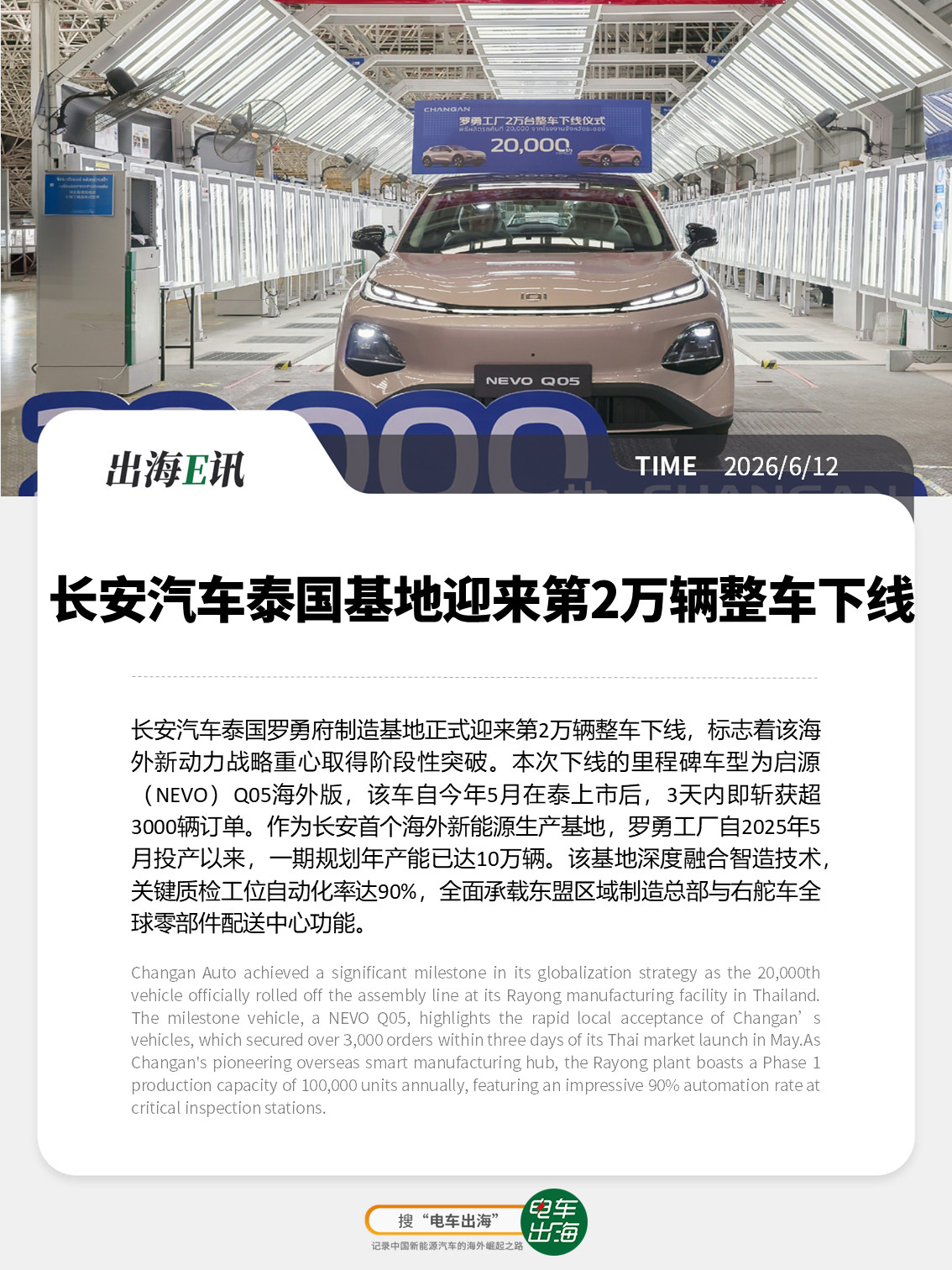 【出海E讯：长安汽车泰国基地迎来第2万辆整车下线】长安汽车泰国罗勇府制造基地正式
