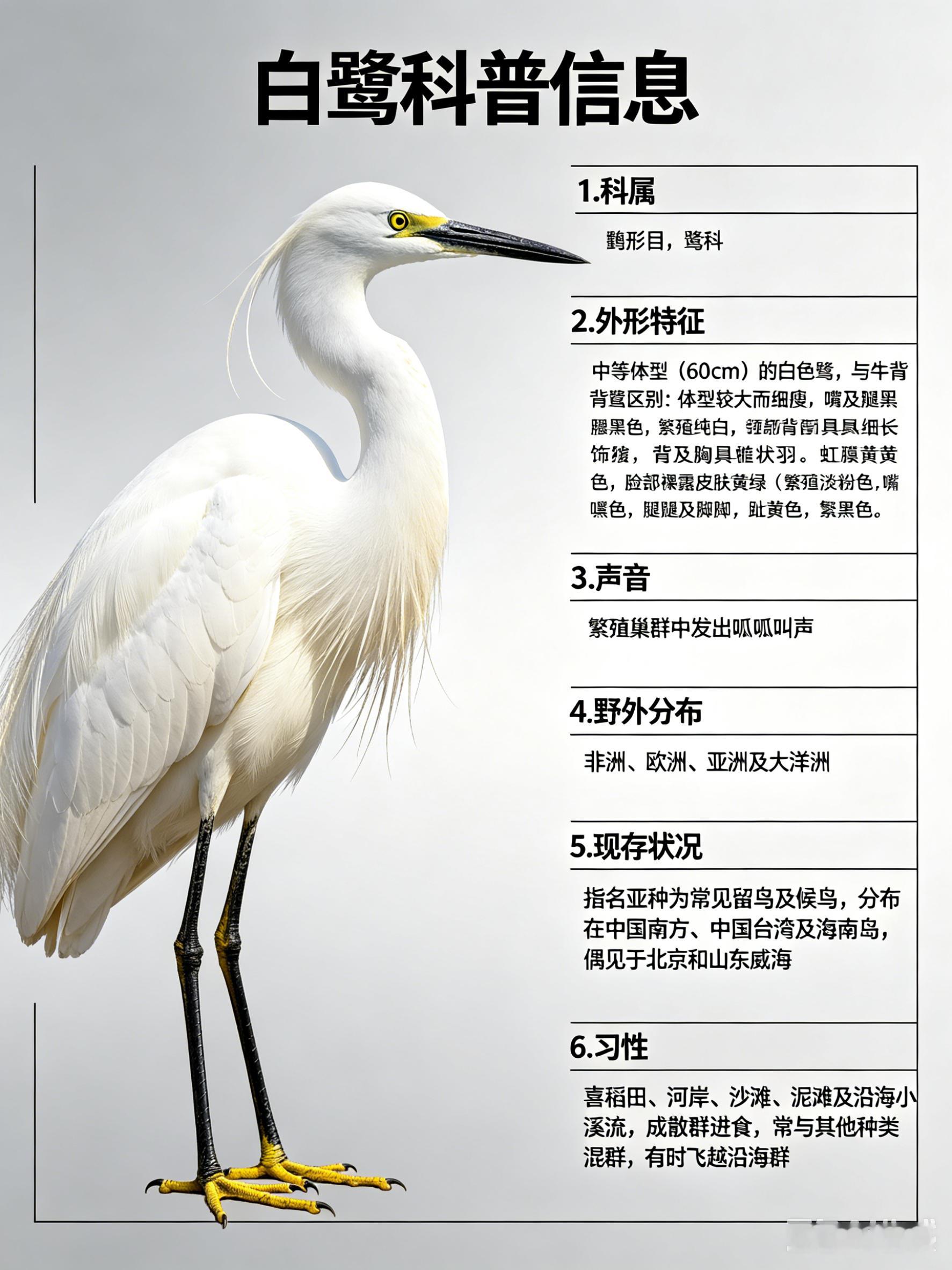 鸟类朋友图鉴白鹭·科属：鹳形目，鹭科。·外形特征：中等体型（60cm）的白色鹭