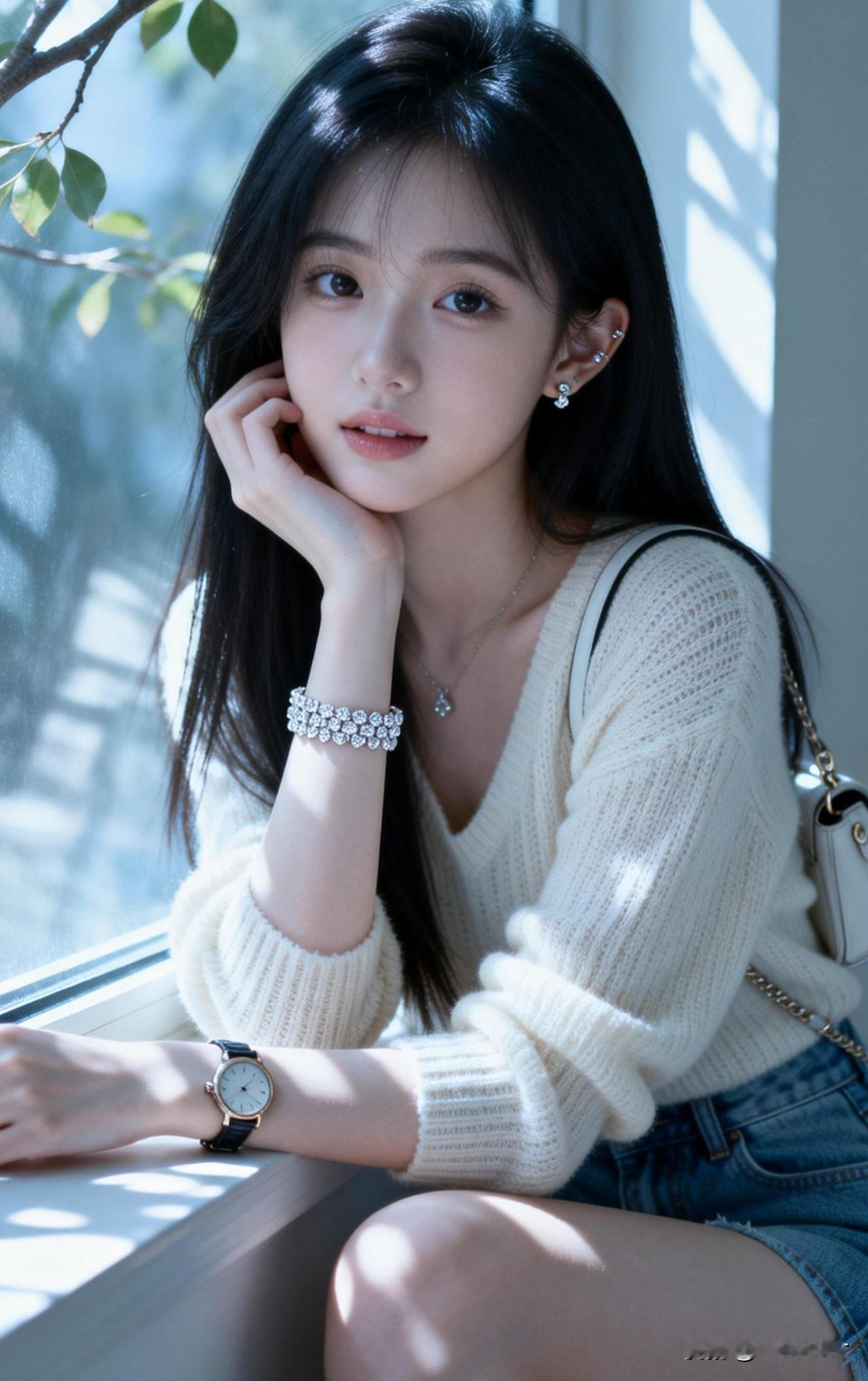 阳光洒进来的午后，少女与花枝相伴，温柔如水。