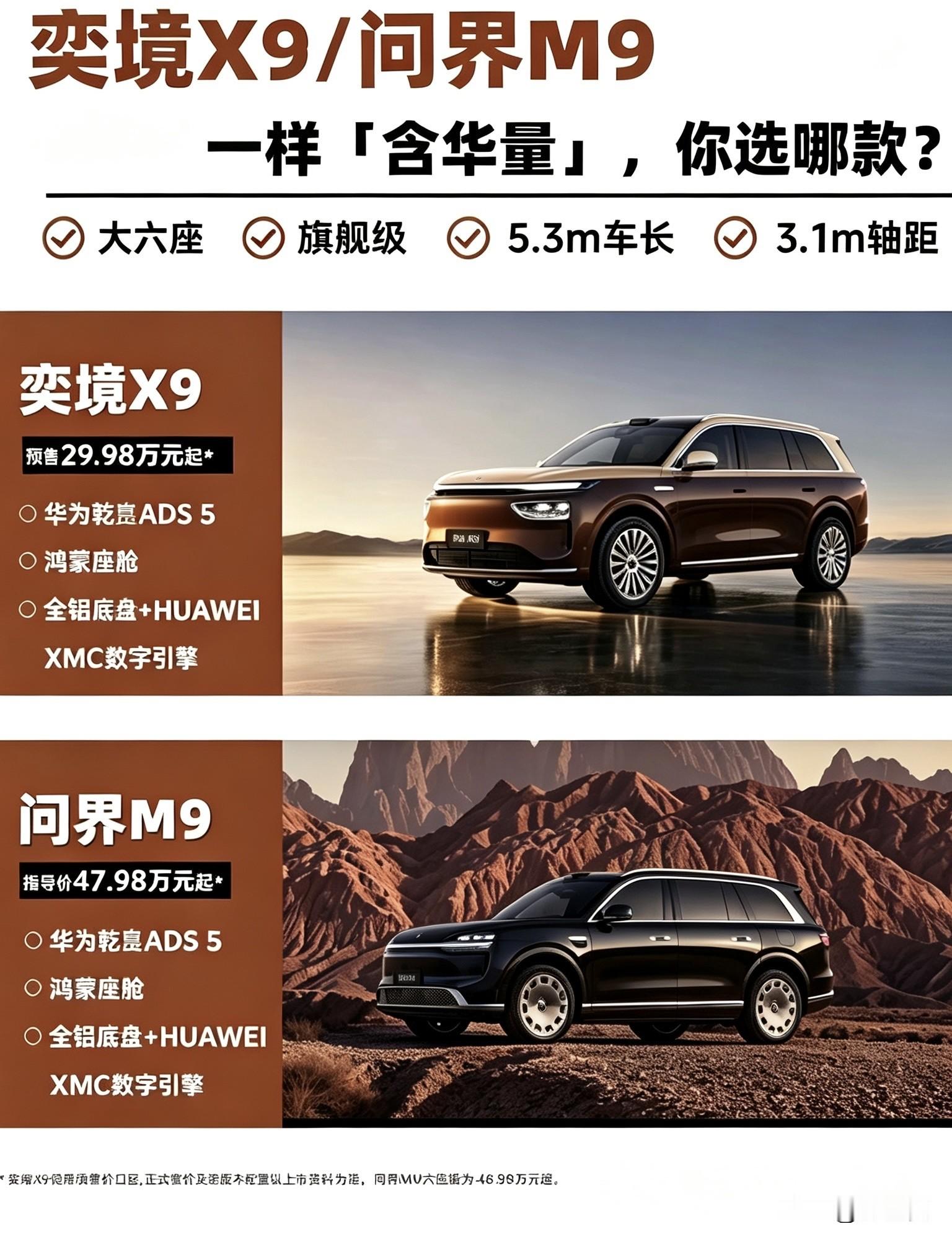 奕境X9/问界M9，一样“含华量”，你选哪款同样都是大六座旗舰，5米3车长、3米1轴距；奕境X9预售