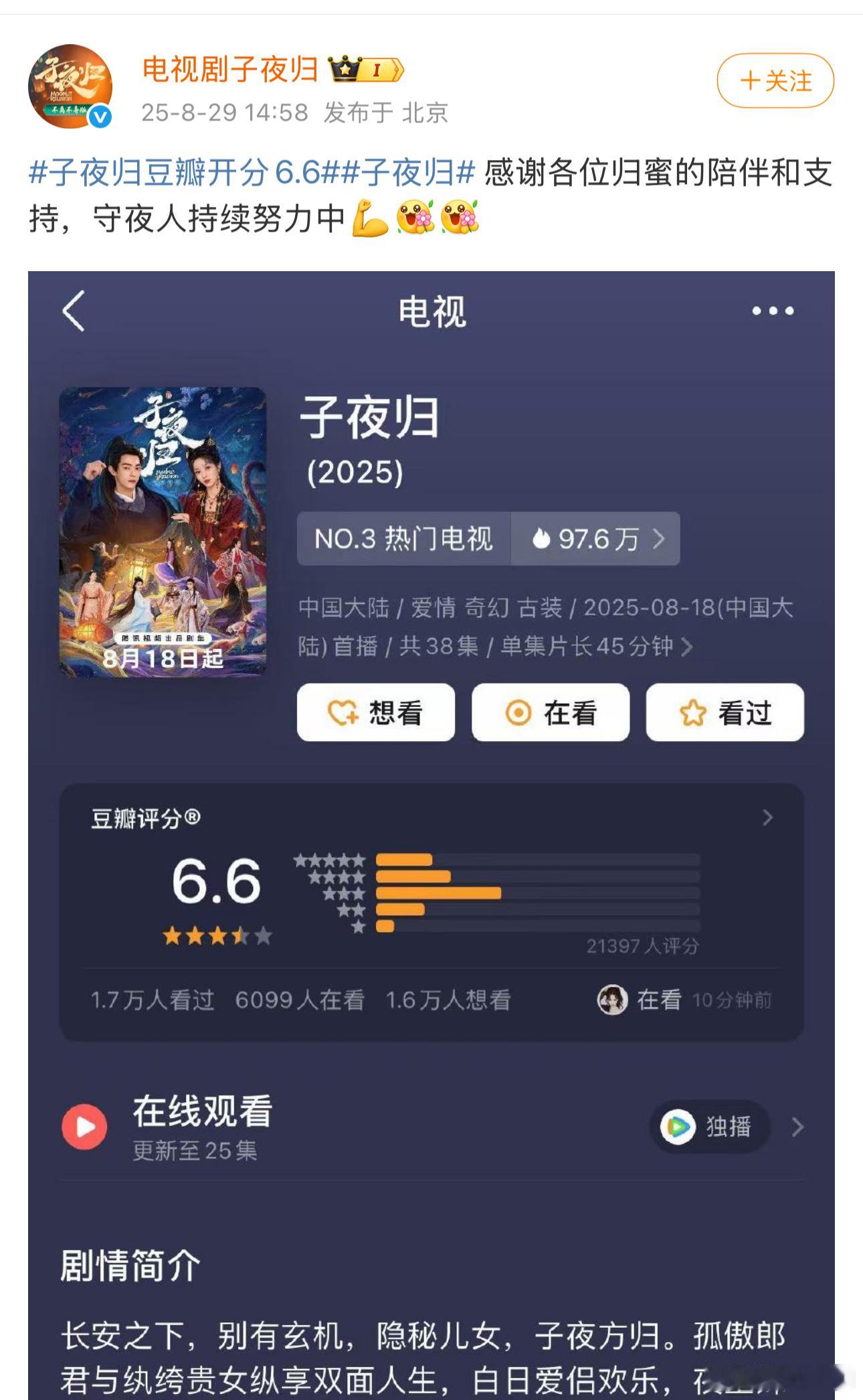 6.6分很开心？子夜归官博好搞笑….许凯最近真的水逆，摊上一个这样的剧组​​​