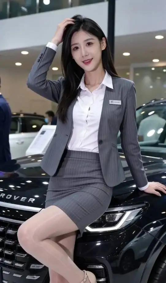 美女销售员在车展上展示豪车。