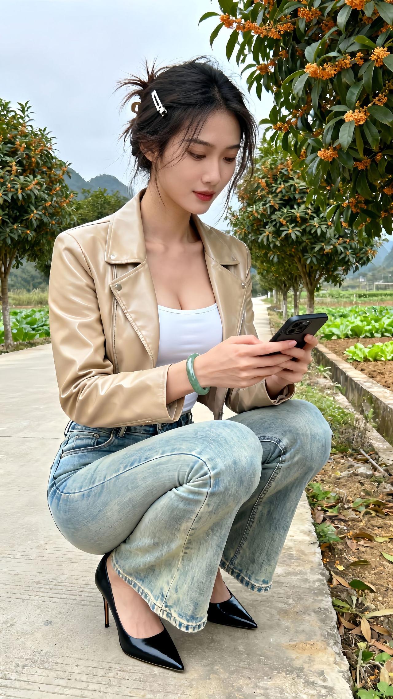 第10集穿搭分享卡其短款皮夹克叠穿白色露腰吊带，皮面的飒中和吊带的柔，露腰设计