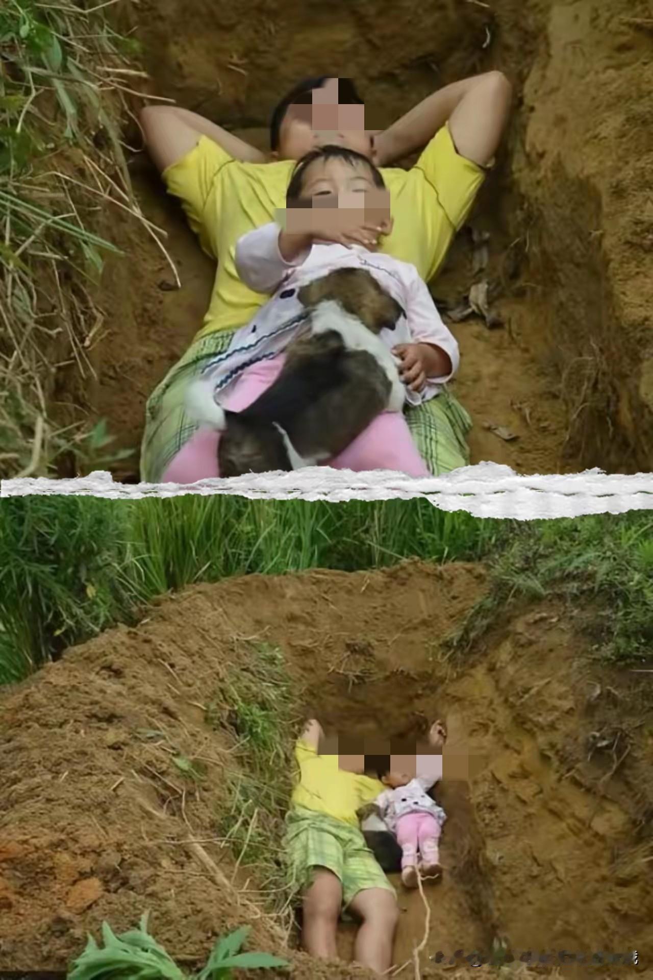 四川一位父亲亲手为2岁女儿挖好了坟。每天下午，他都抱着女儿跳进坑里，带着一只小黄