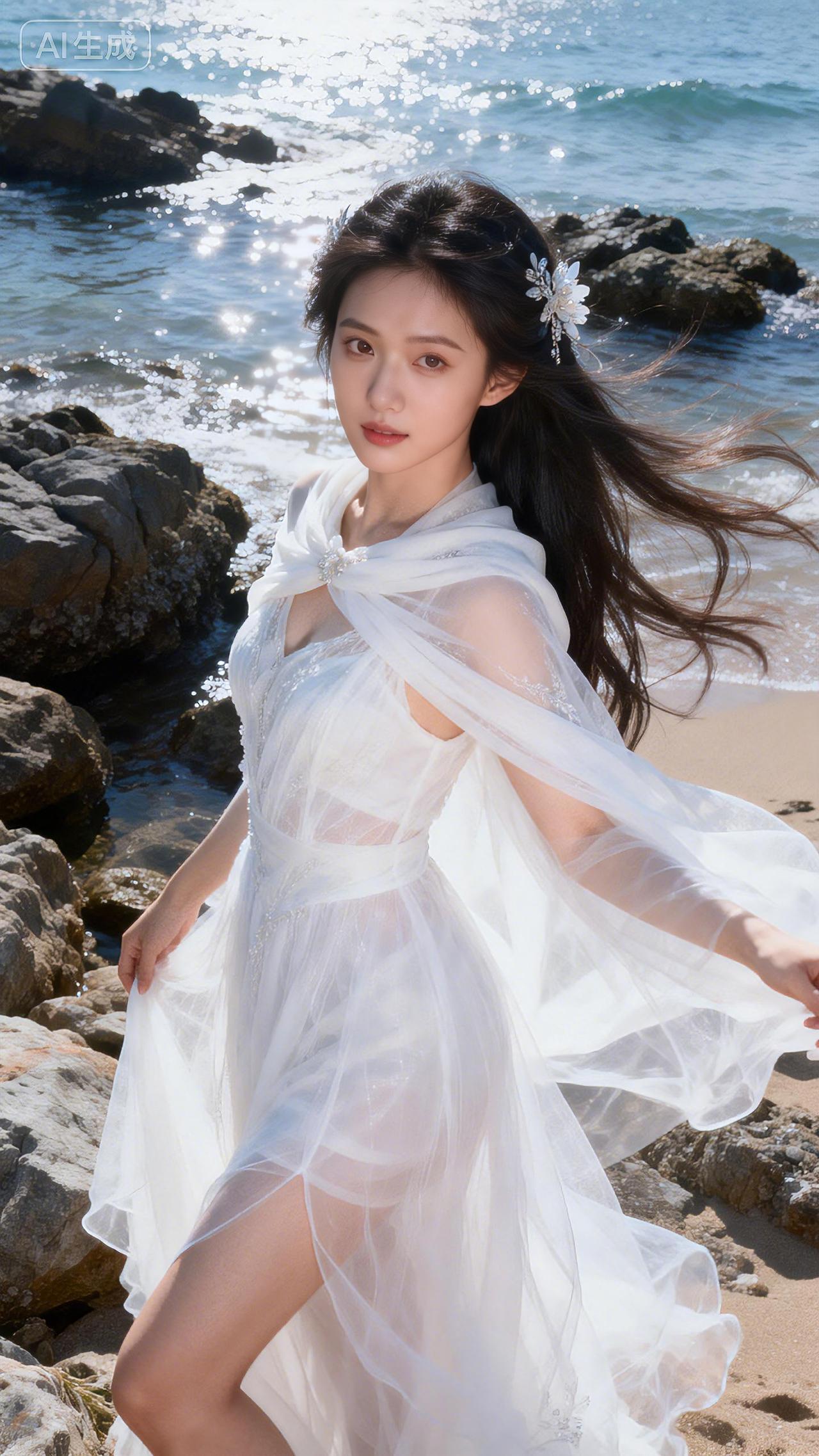 海风吹拂白纱扬，礁石独立水云乡。豆包壁纸