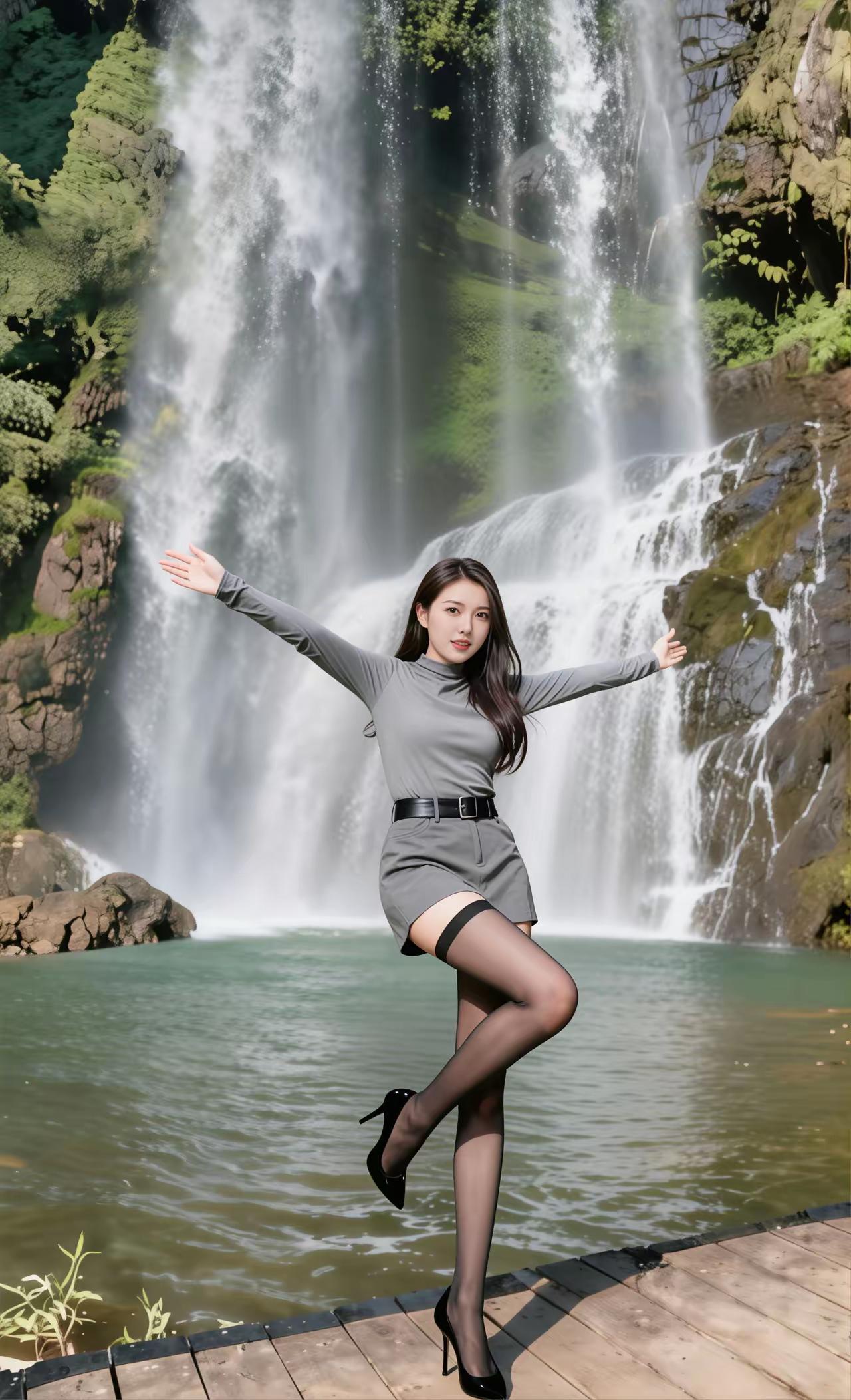 在瀑布前，优雅地跳跃，感受大自然的魅力！