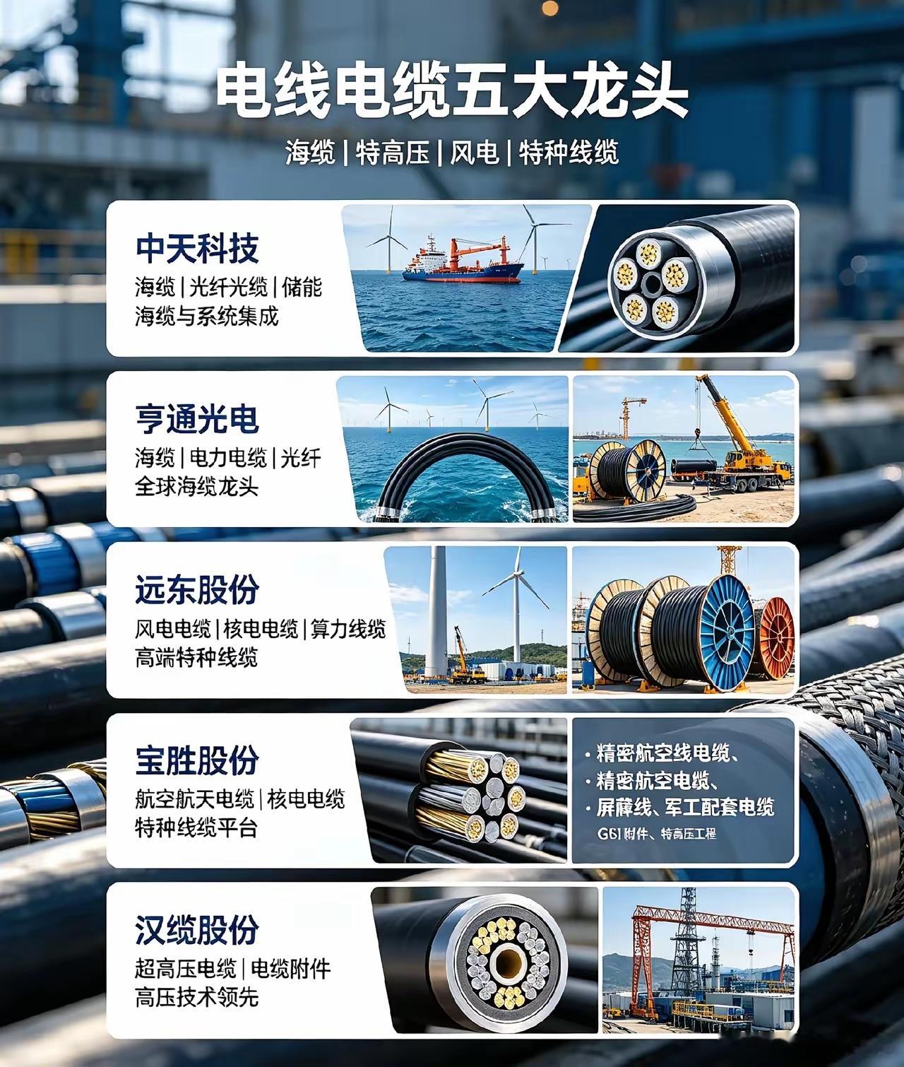 A股电线电缆五大龙头1.中天科技✅优点：海缆龙头，国内海上风电海缆市占率领先；特高压、光纤光缆、储能
