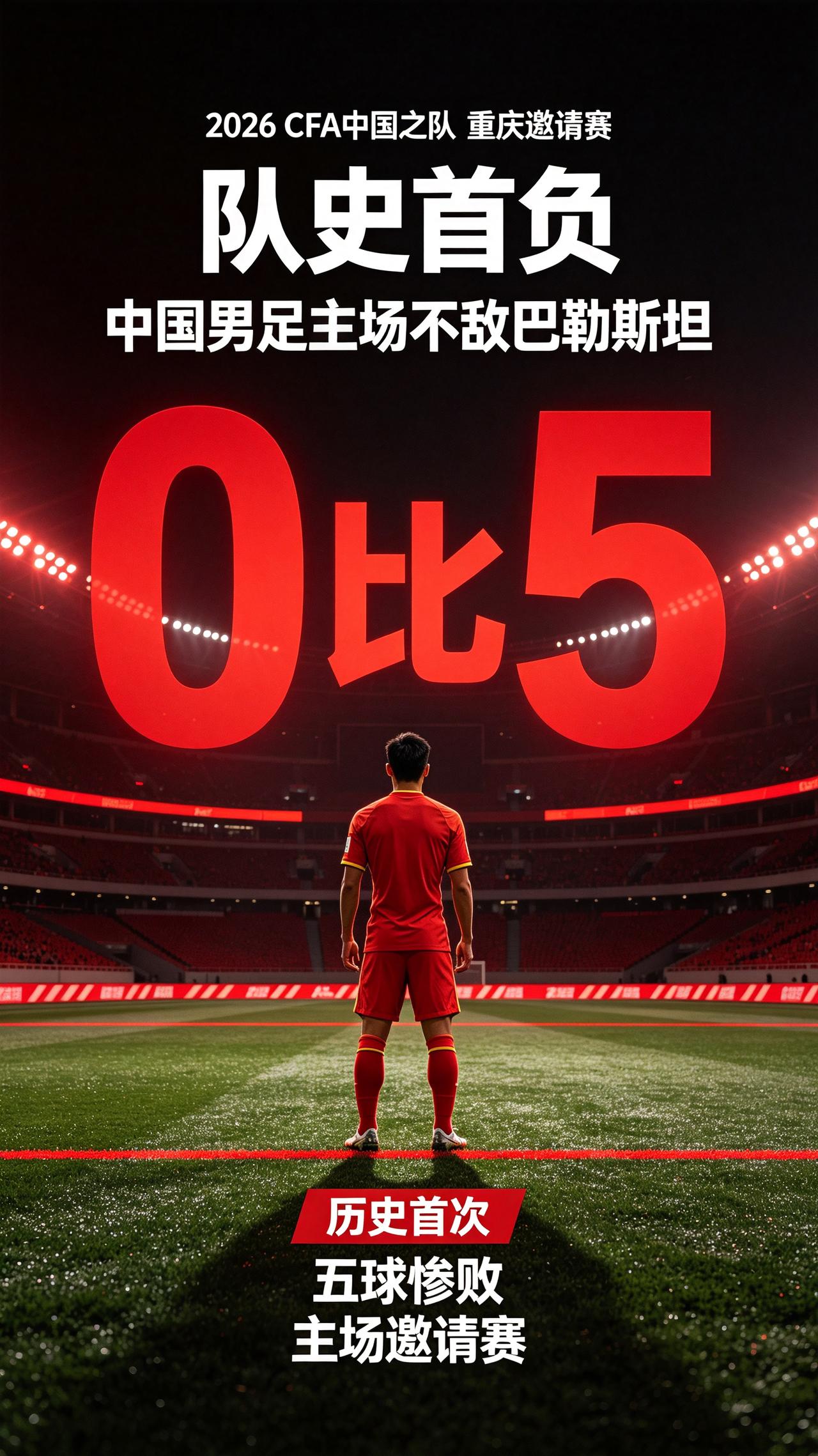 10月2日重庆龙兴足球场，中国男足在国际邀请赛0-5不敌巴勒斯坦，这也是国足建队