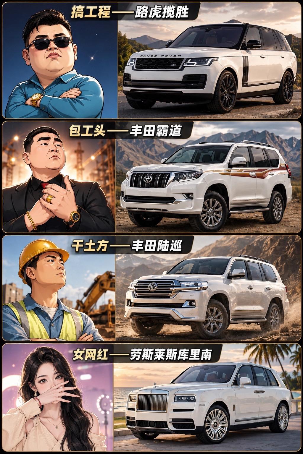 一张图看透车主身份牌这图把车跟职业的对应关系玩明白了。路虎揽胜一出现，基本就是搞工程的大佬；包工头最