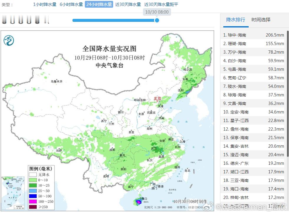 【降水】昨天到今晨，全国最强的降雨还是出现在海南。琼中206.5毫米、三沙的珊瑚