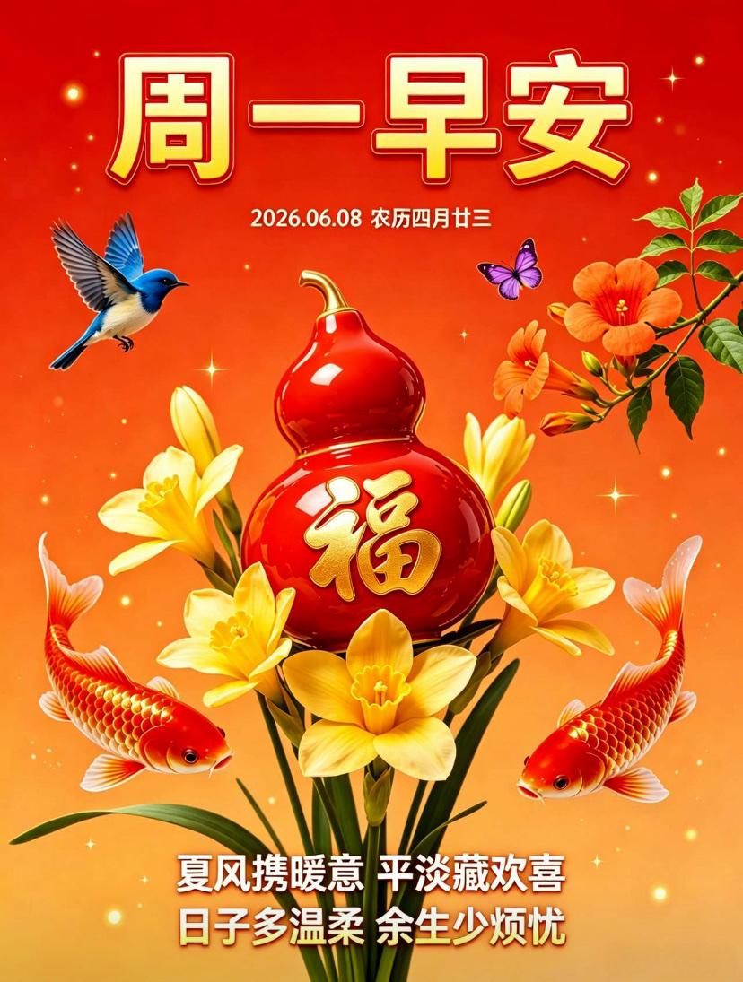 🌺2026/6.8.周一早安.喜乐相伴🌺🌿🌅晨光启新周，清风揽夏光。