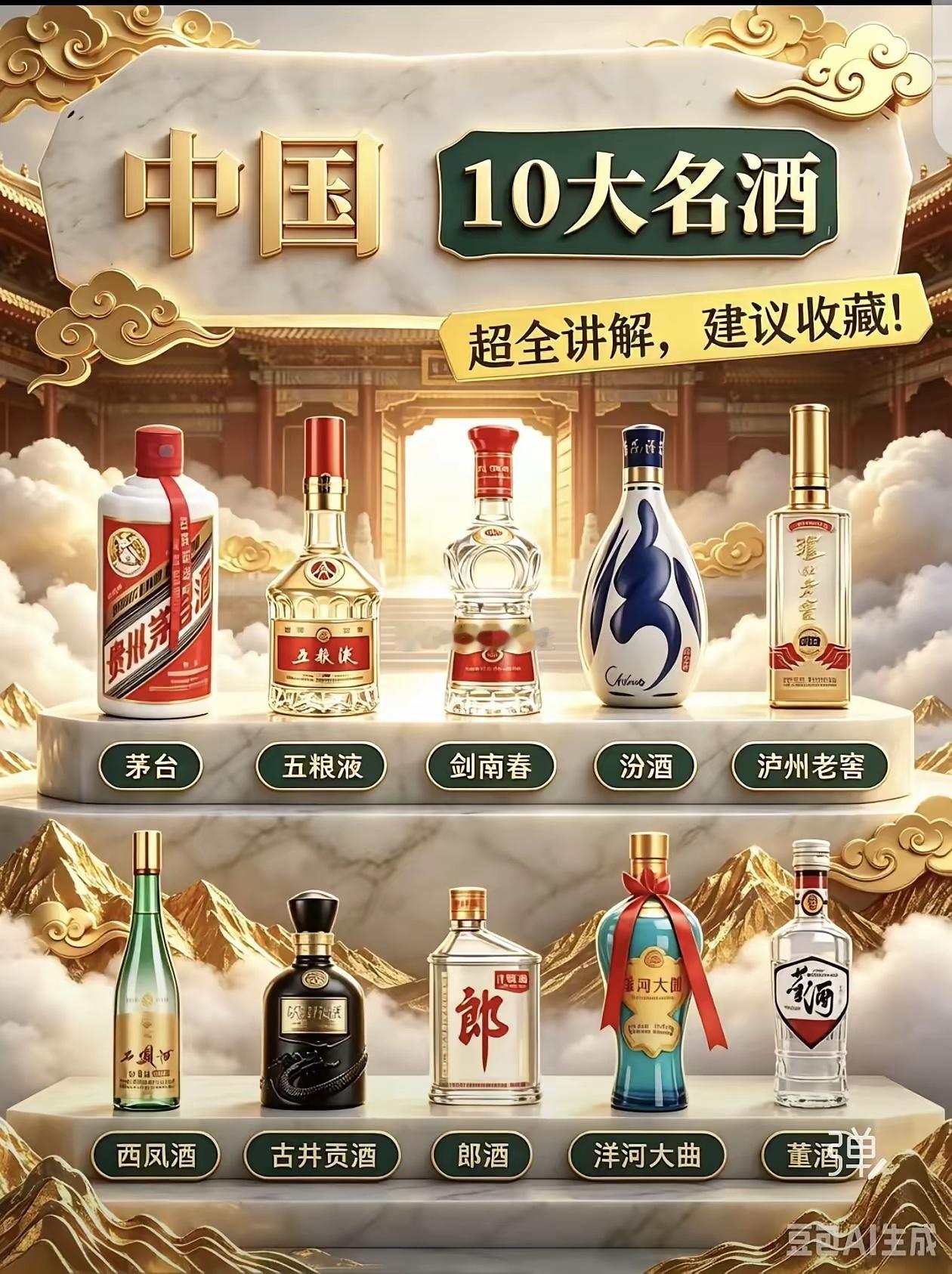 十大名酒贵州：茅台、董酒四川：五粮液、剑南春、泸州老窖、郎酒山西：汾酒陕西：西凤