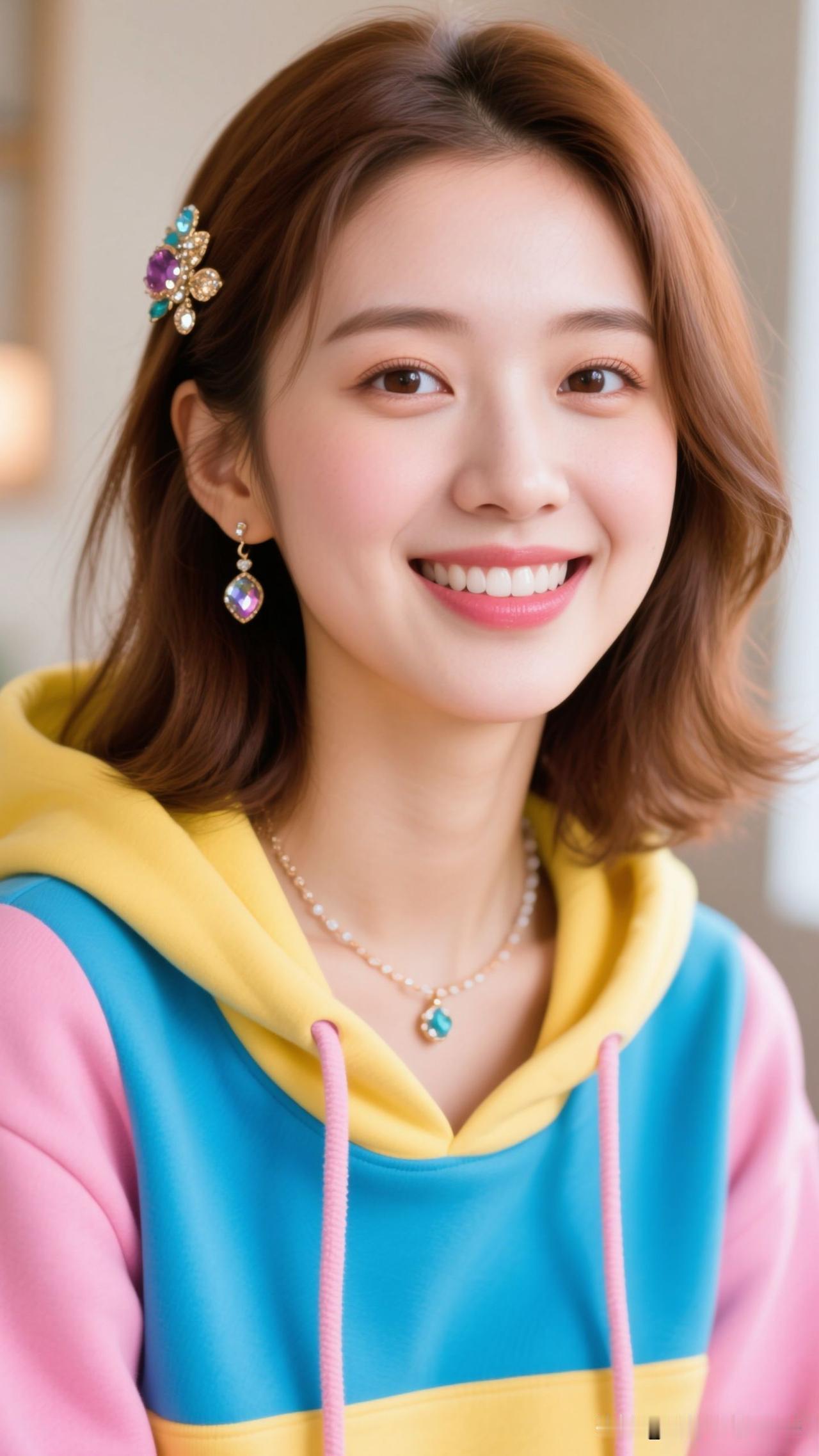 🎀撞色卫衣裹住烂漫的风，彩钻缀成银河的碎片，一笑，就把整个季节的温柔都穿在了