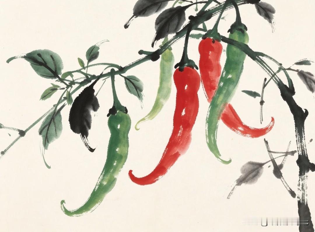 红绿辣椒挂枝头，人间烟火味悠长。🌶🌶🌶小画拾光治愈系插画分享水墨辣椒