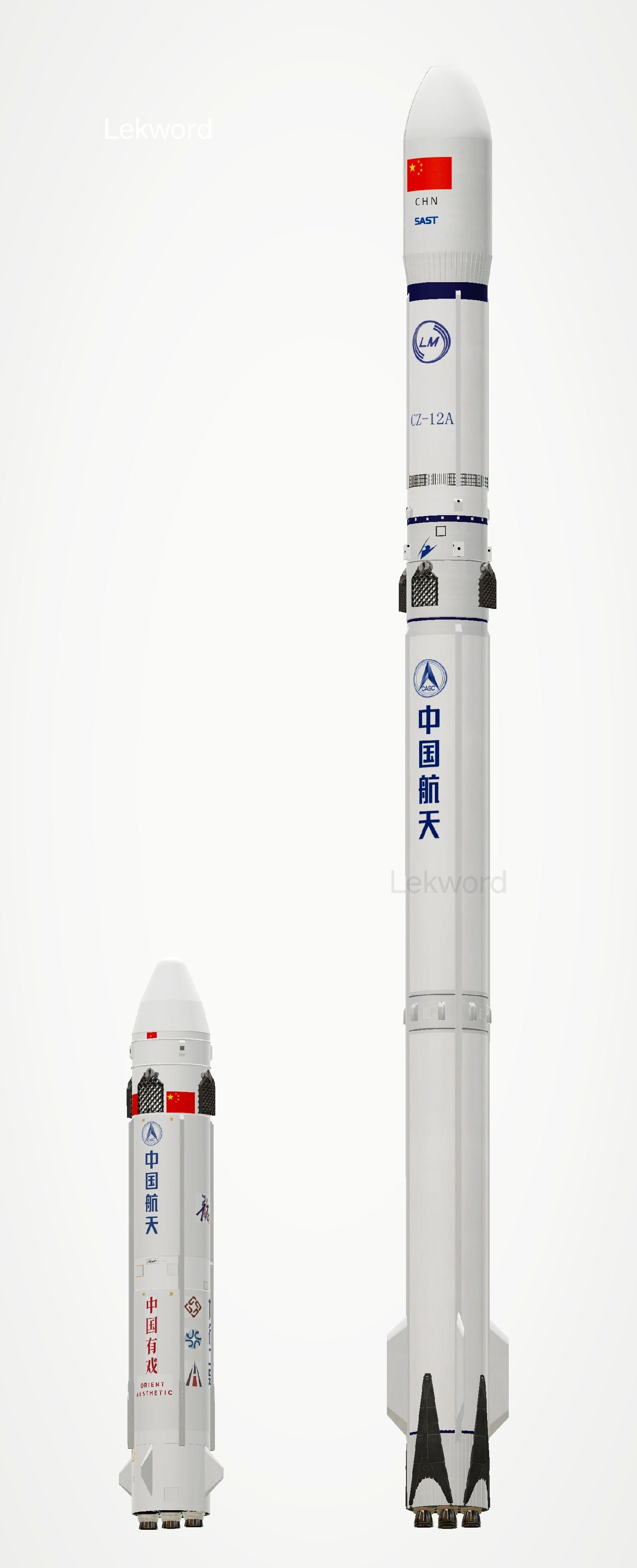 航天八院抓总研制的3.8米直径龙行二号试验箭和3.8米直径长征十二号甲运载火箭：