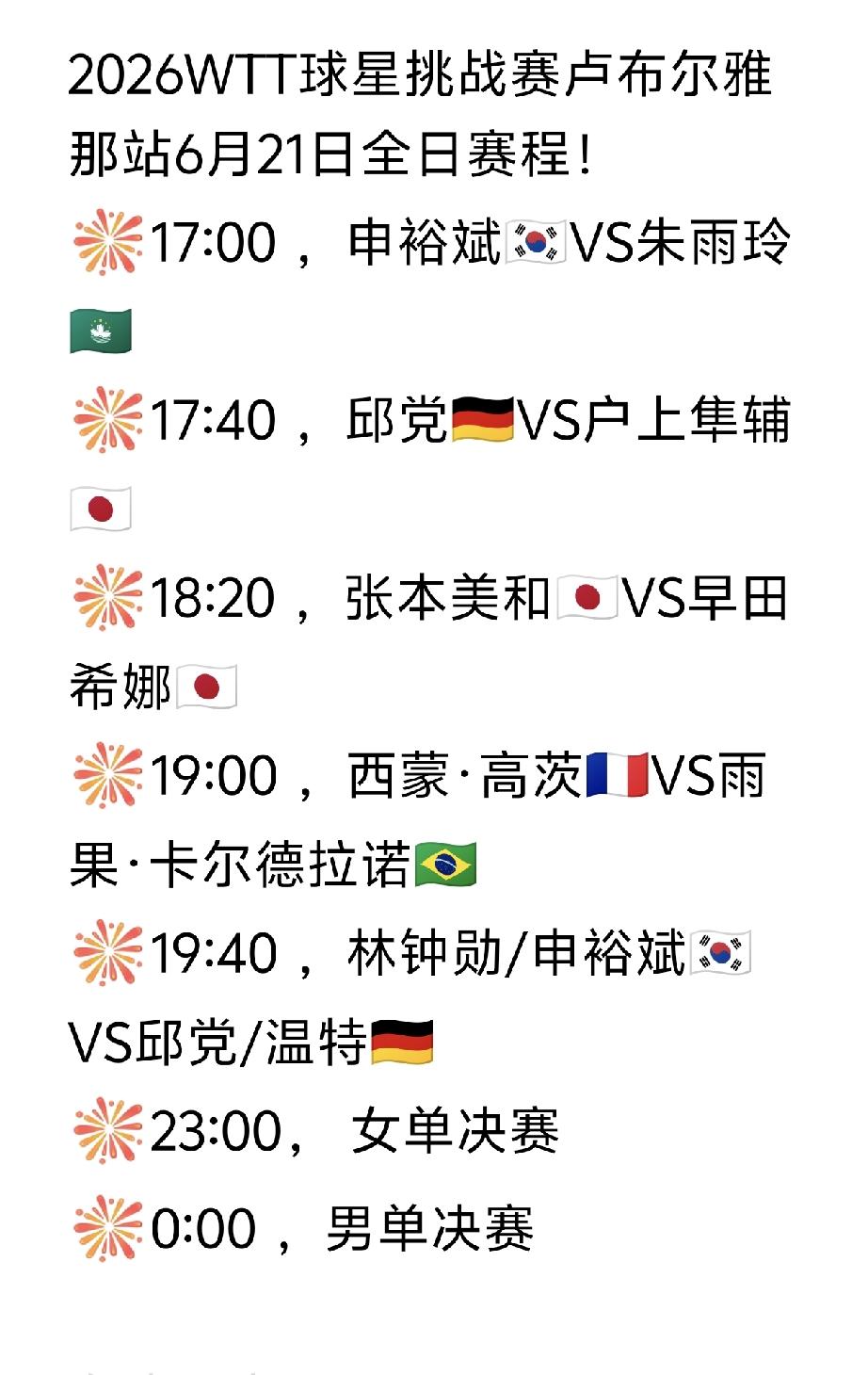 卢布尔雅那站今日（6月21日，周日）赛程！2026WTT球星挑战赛卢布尔雅那站