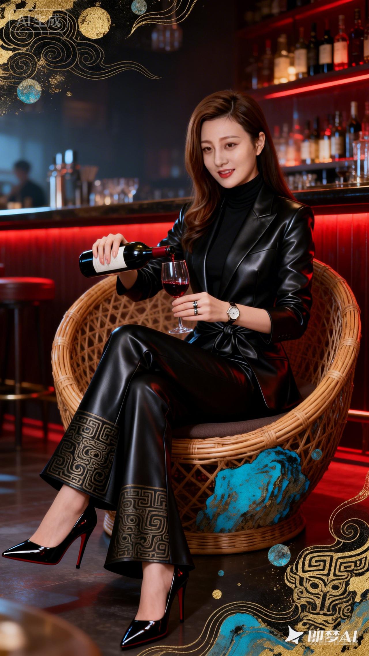优雅酒吧之夜，黑皮衣配红高跟鞋，举杯畅饮，尽享美好时光。