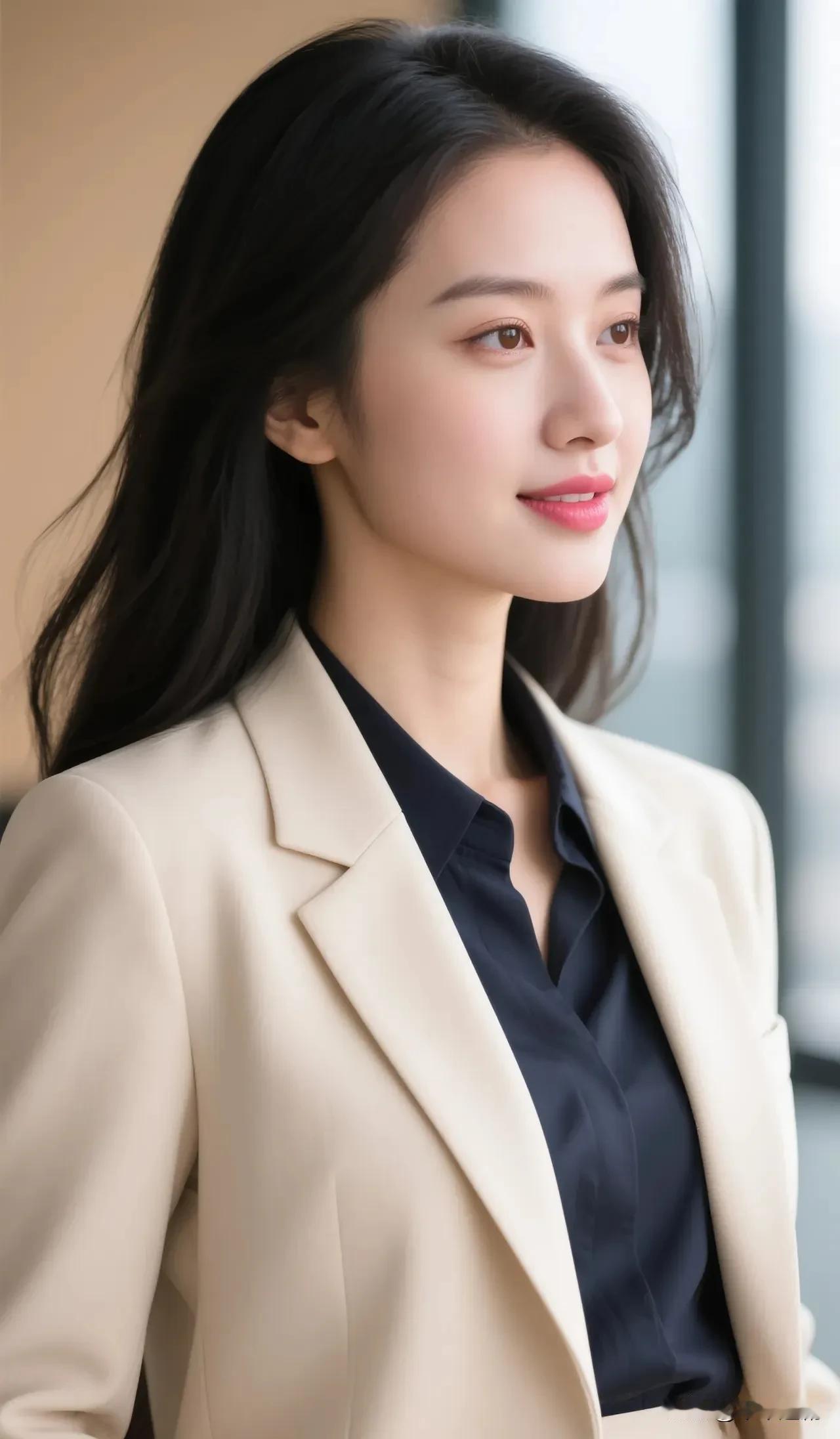 米西装裹着轻熟的稳，墨衬衫浸着柔调的冷。长发垂成松弛的线，笑意比窗光更先落得从容