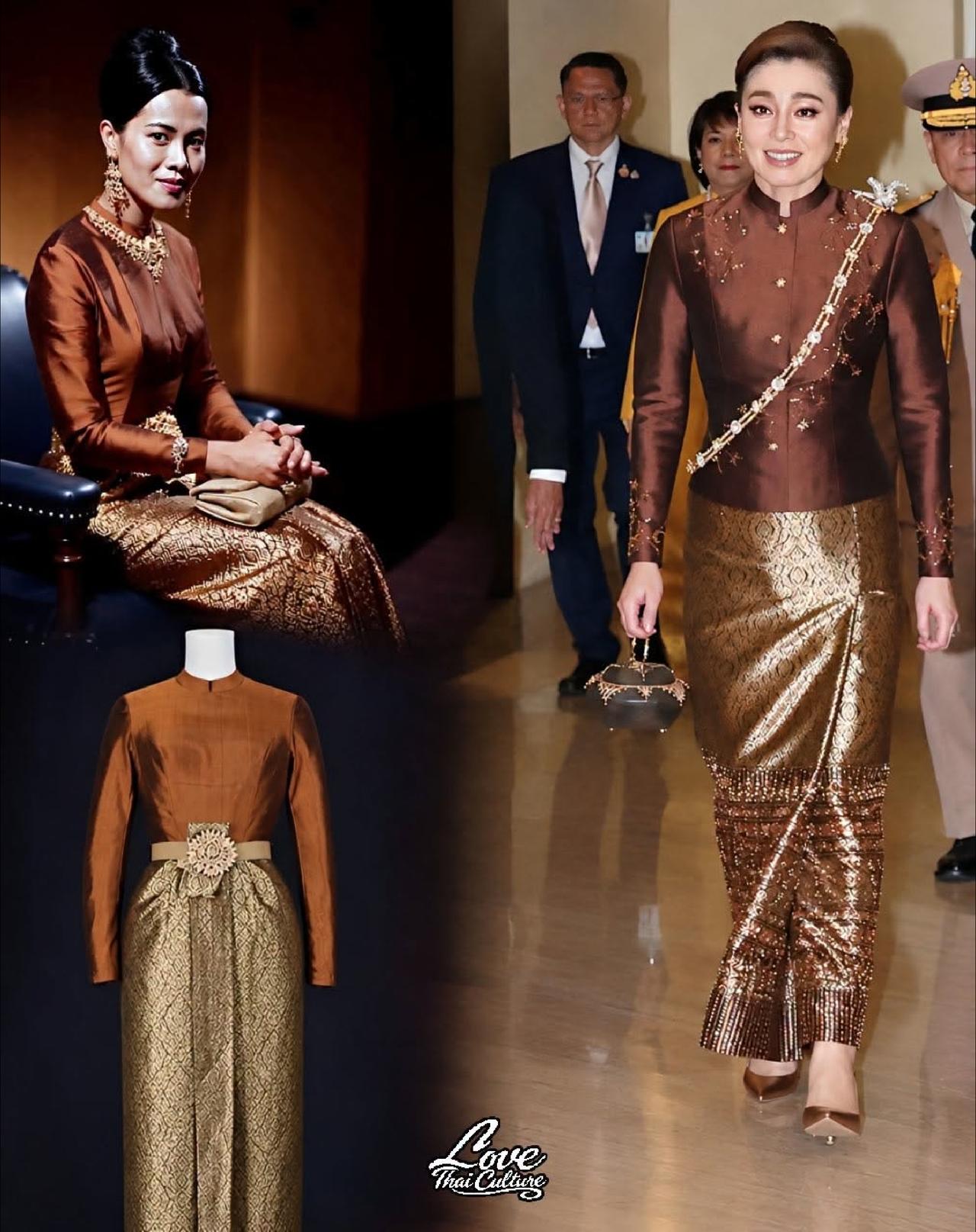 两位泰国王后，身穿同款南奔锦缎皇家礼服苏提达王后访问不丹时，穿了一件深棕色配金