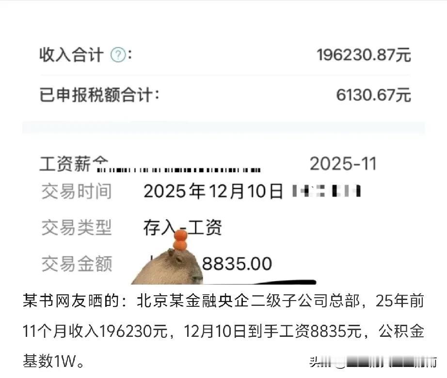 某金融央企员工，2025全年薪资收入!