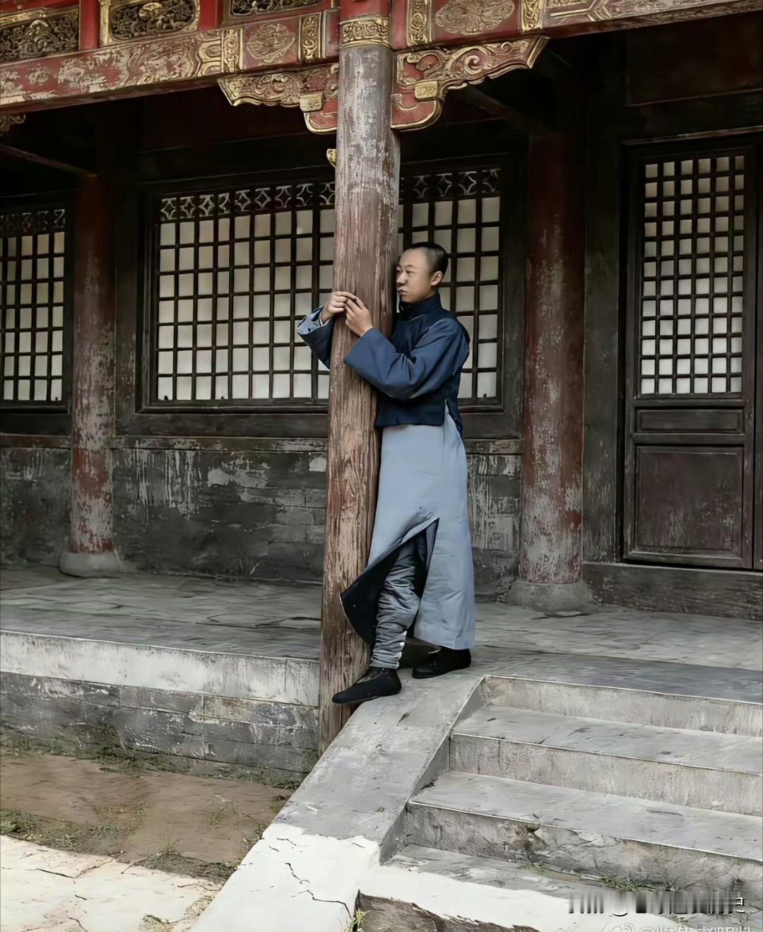 青年溥仪被困于那斑驳的紫禁城，百无聊赖地倚柱而立，目光中尽是落寞与茫然。往昔金