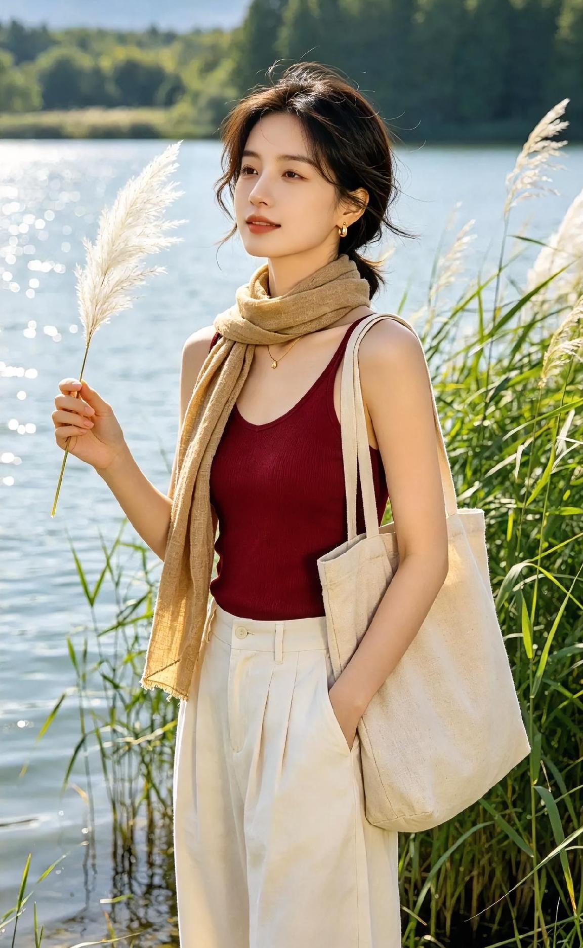 湖光摇碎金，手挽芦花轻。围巾暖，布包亲，短发拂风柔。远山含翠影，