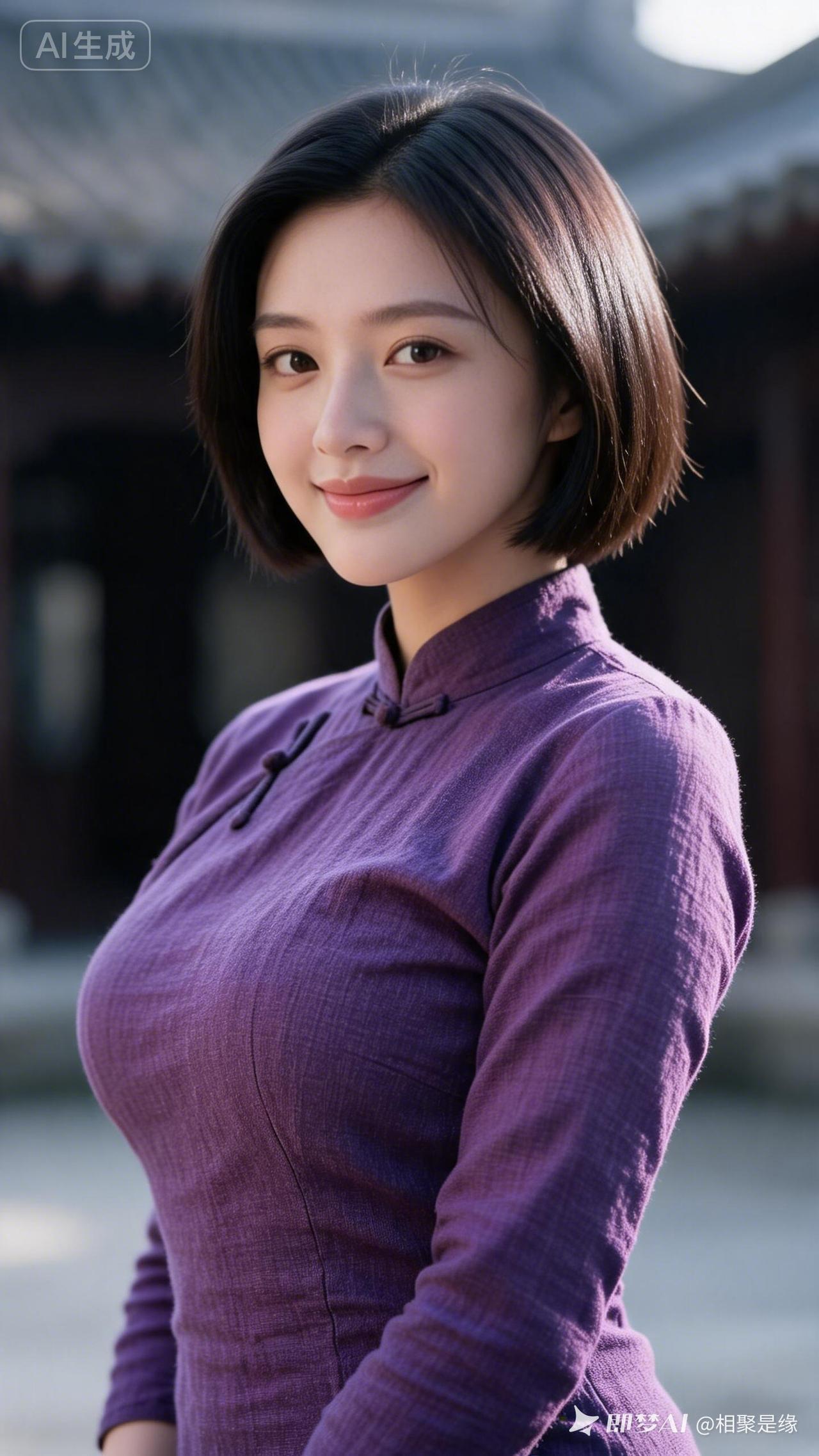 优雅紫衣少女，微笑如春风拂面！