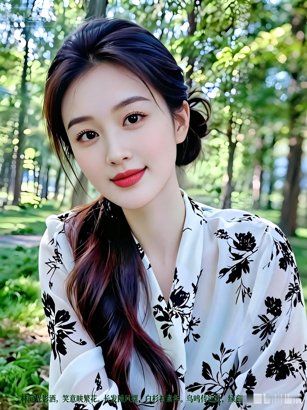 林间佳人(潜力作者)林间绿树映清颜，长发轻柔落肩前。素衣墨花添雅致，明眸