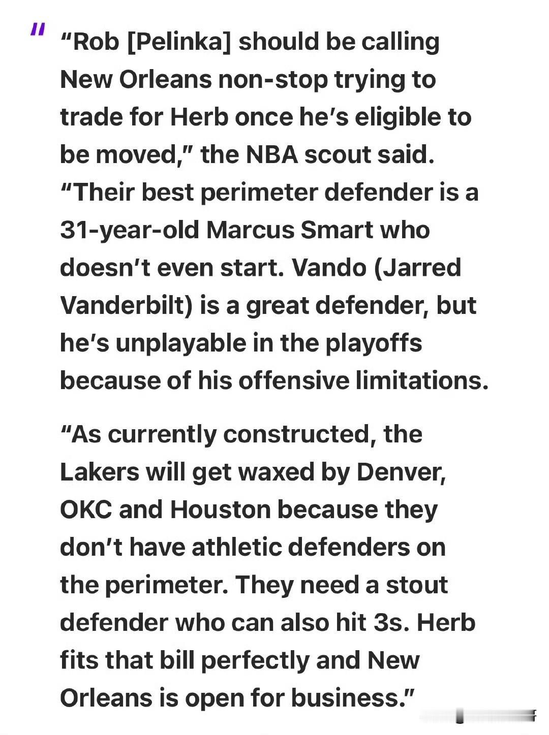 佩林卡给鹈鹕打电话啊！！！湖人应该尝试交易得到赫伯-琼斯！鉴于赫伯-琼斯是一