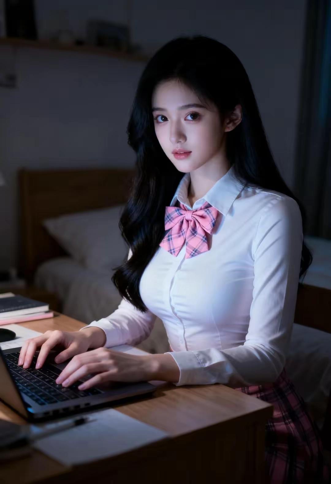 一个穿校服的女孩在敲电脑键盘。