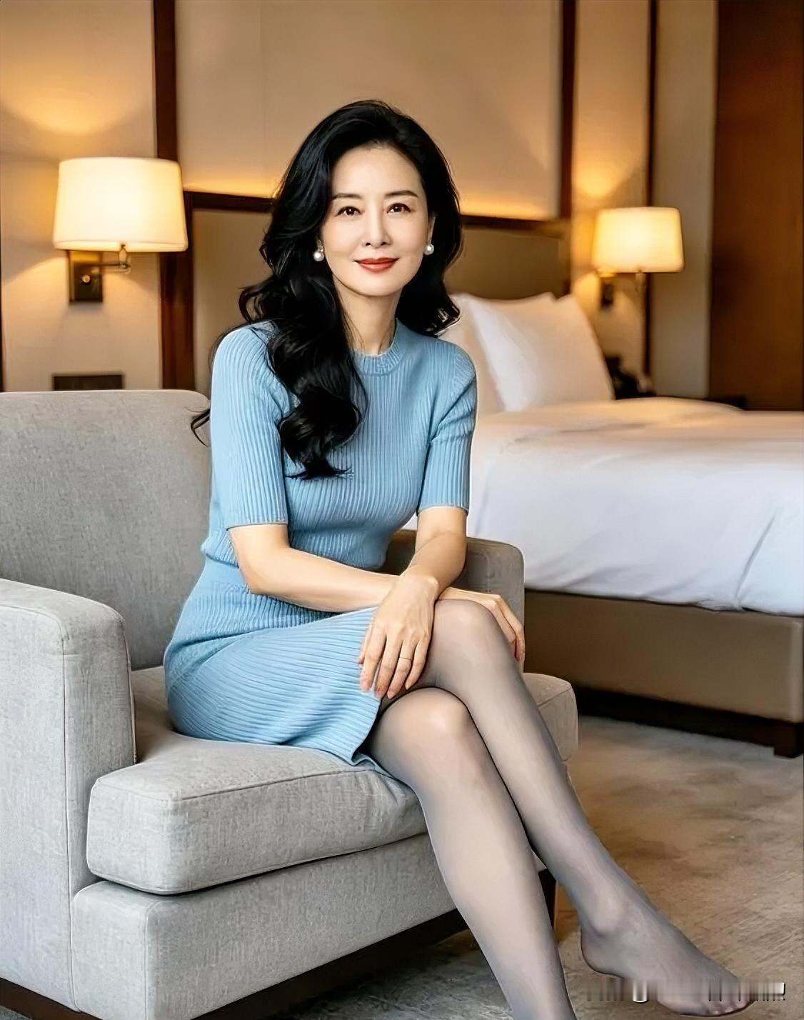 浅蓝针织裙勾勒曼妙身姿，珍珠点缀温婉，光影流转间优雅丛生。