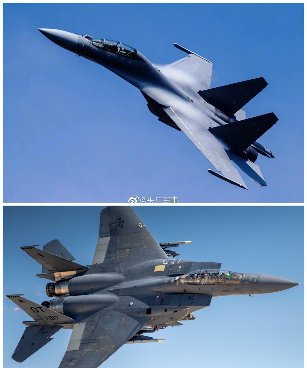这是中国空军的歼16重型战斗机和美国空军最新的F15EX对比图。我们看到根据最