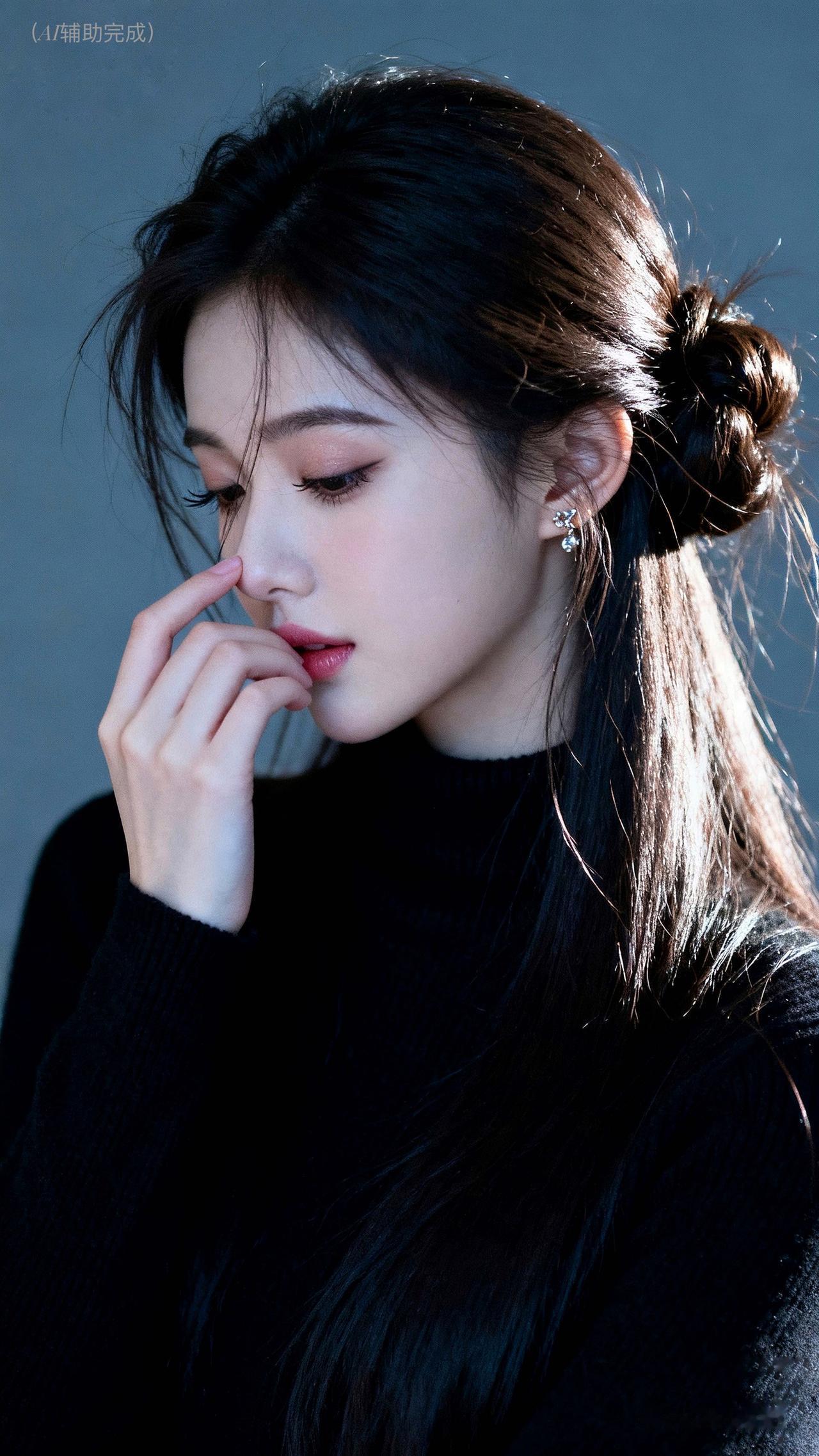 乌发如瀑束低髻，碎发轻扬添柔意。黑高领毛衣裹温婉，单手轻触鼻尖姿雅。眉眼低垂眼含